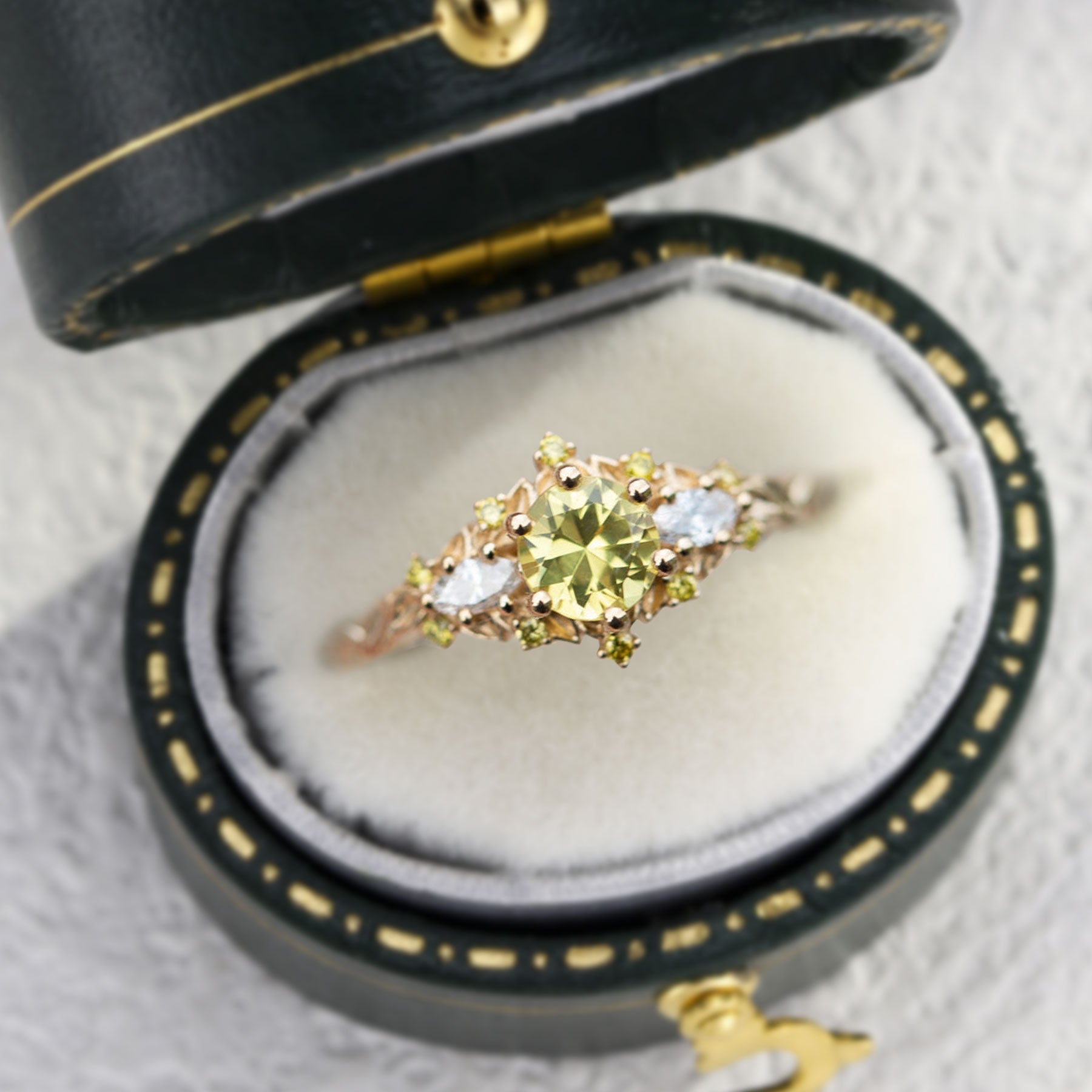 Unique Briar Rose Three Stone Round Citrine Ring - Oore Jewelry