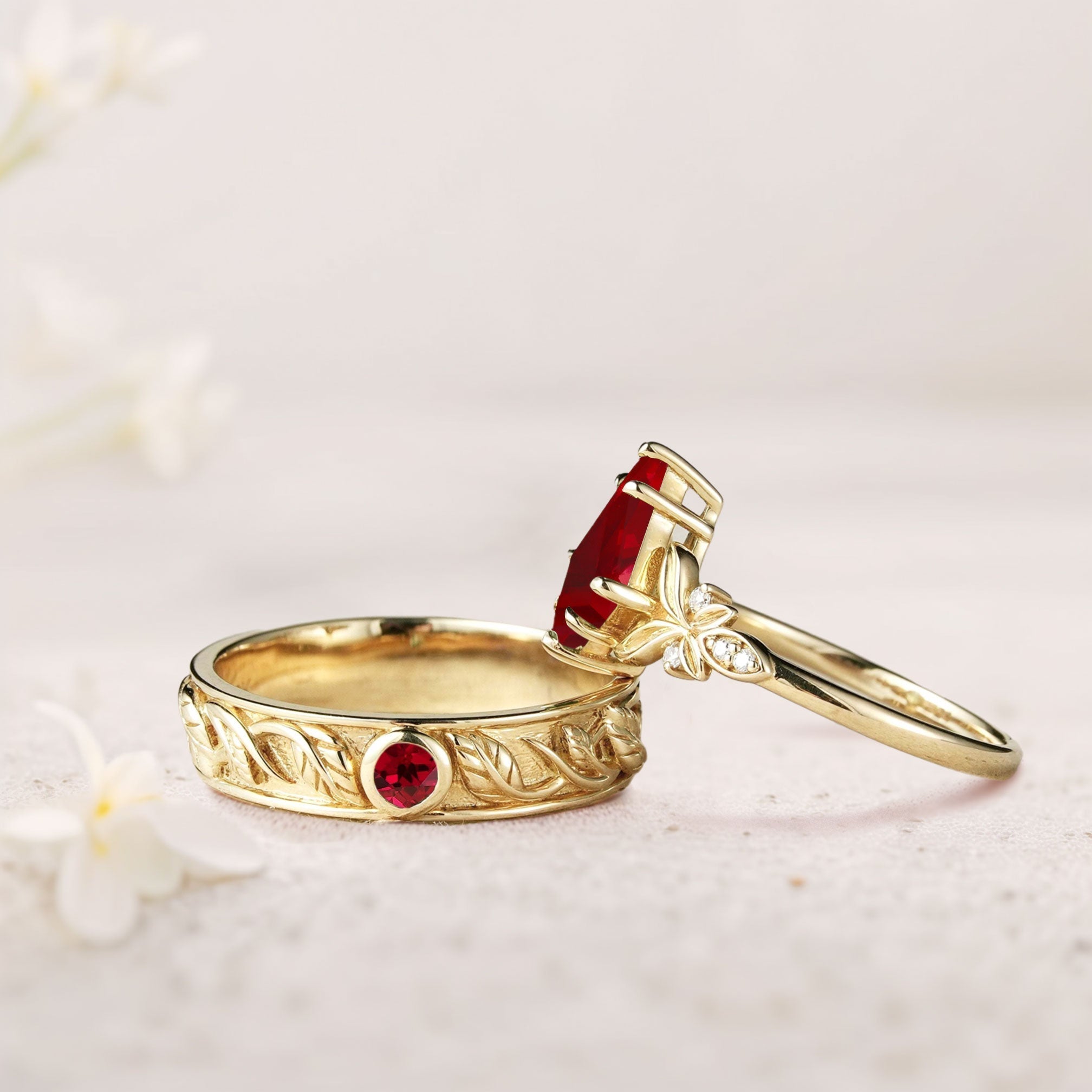 Unique Kite Lab Ruby Promise Engagement Ring Wedding Ring Set For Couples - Oore Jewelry