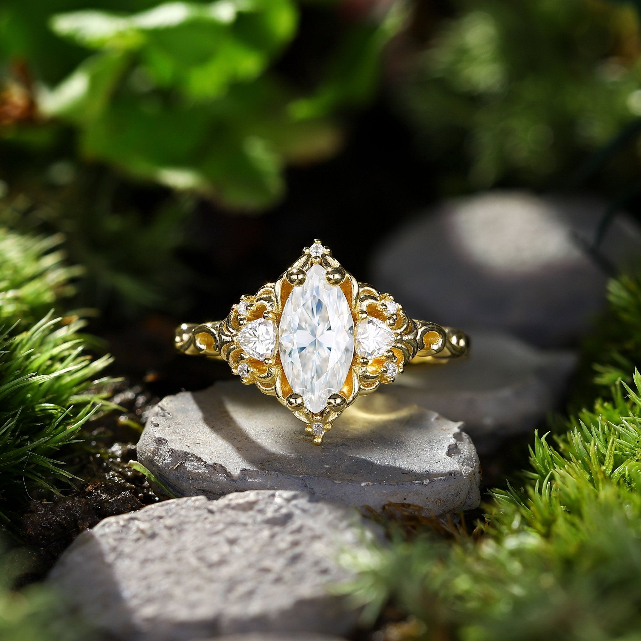 Unique Aurora Three Stone Marquise Moissanite Ring - Oore Jewelry