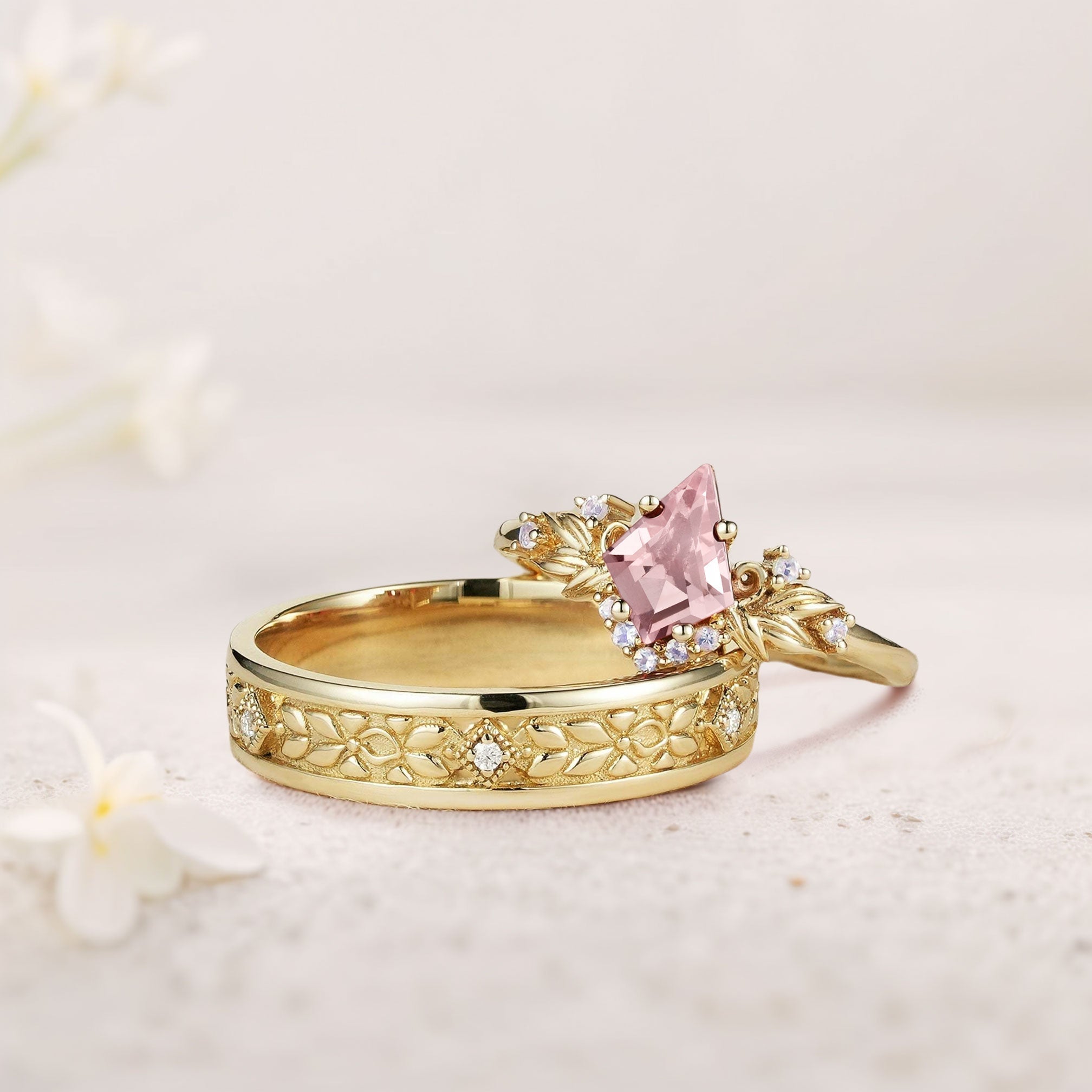 Vintage Kite Lab Padparadscha Promise Ring Engagement Ring Set for Couples - Oore Jewelry