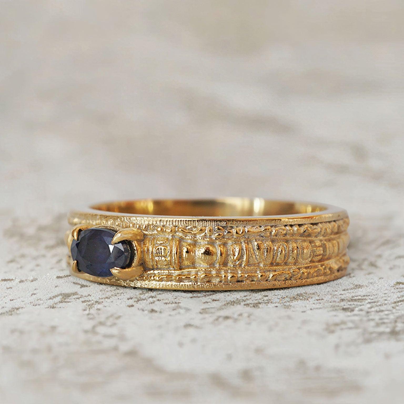Unique Pharaohs Oval Lab Sapphire Ring Band For Men - Oore Jewelry