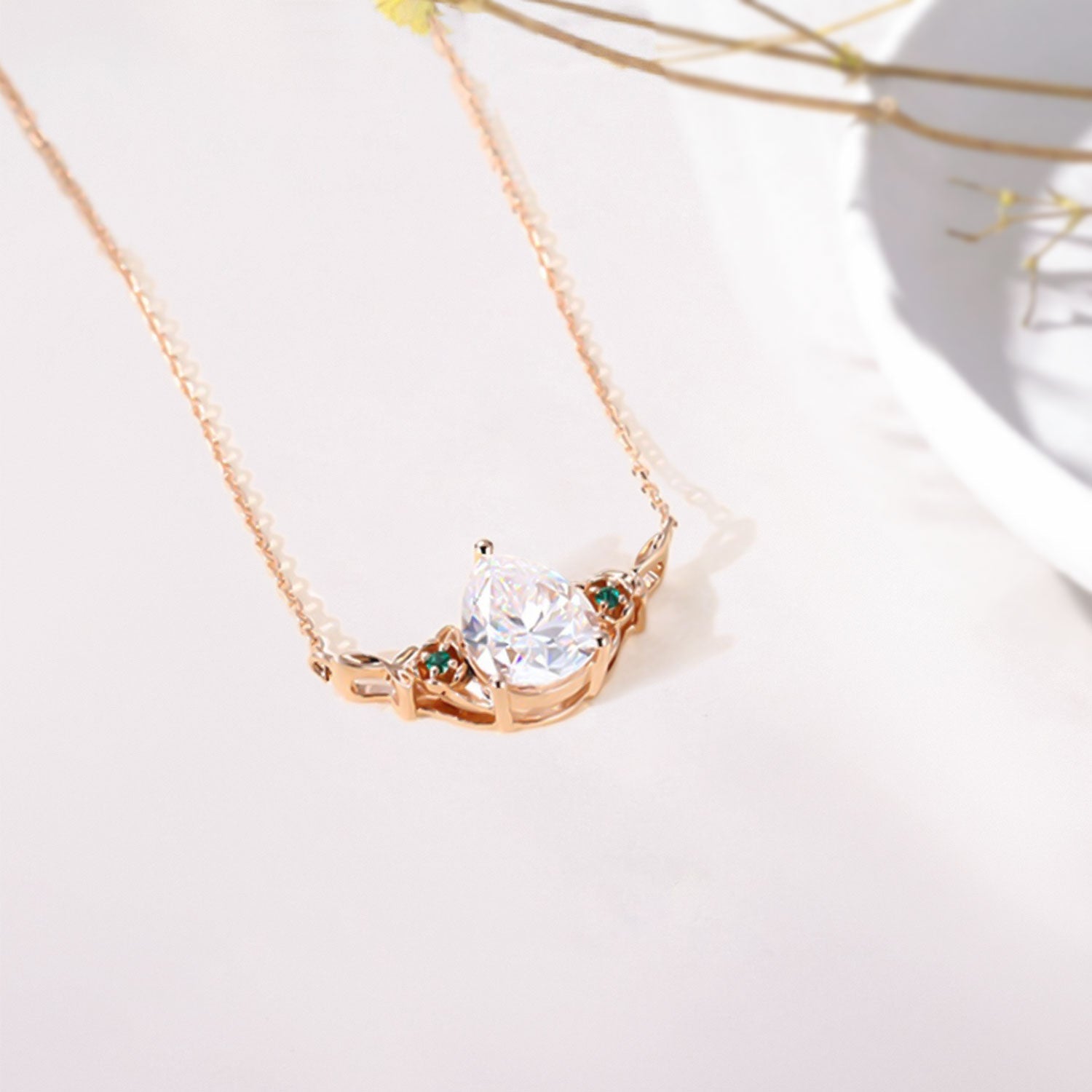 Classic Blossom Accented Pear Moissanite Necklace - Oore Jewelry