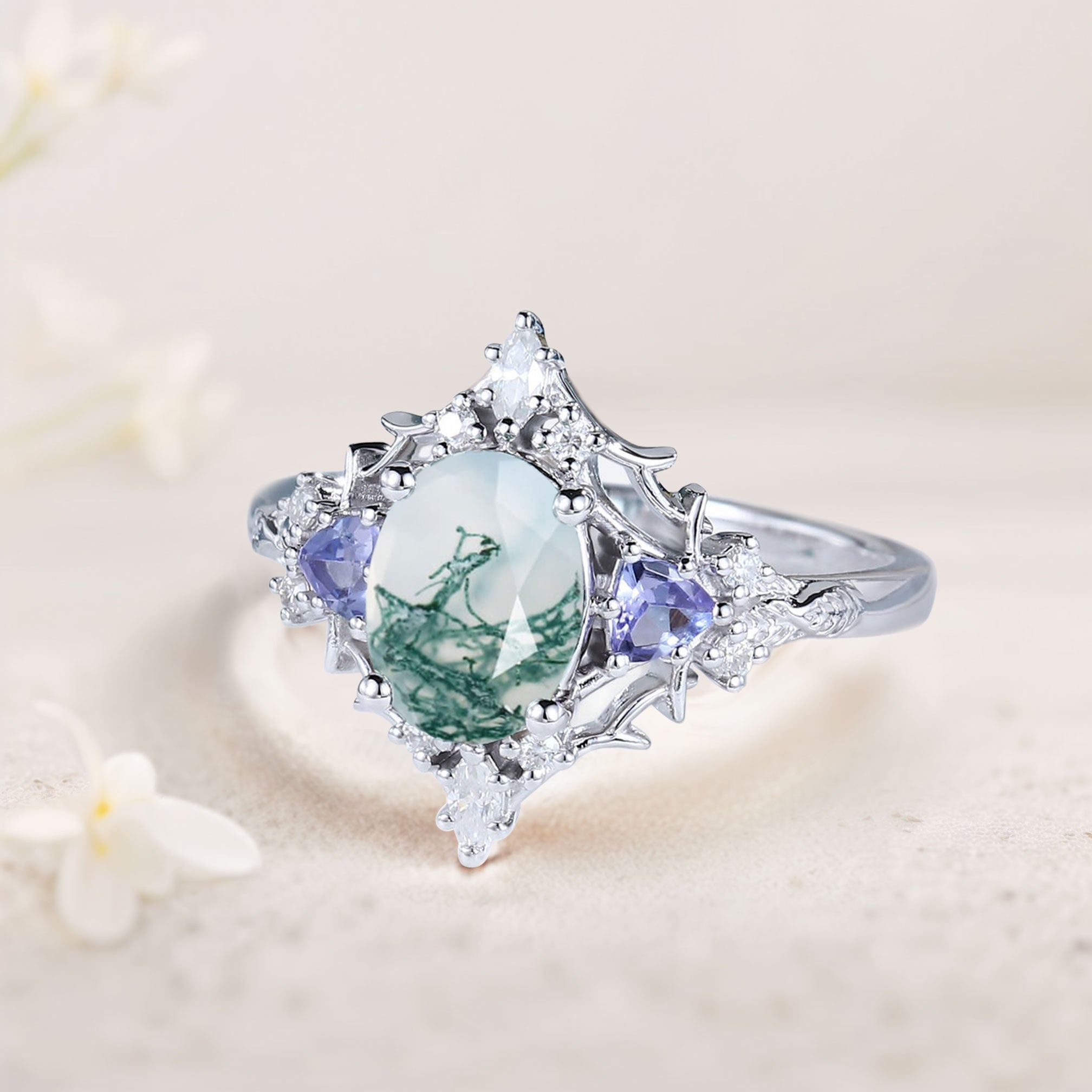 Vintage Briar Rose Oval Moss Agate Engagement Ring Filigree Ring - Oore Jewelry
