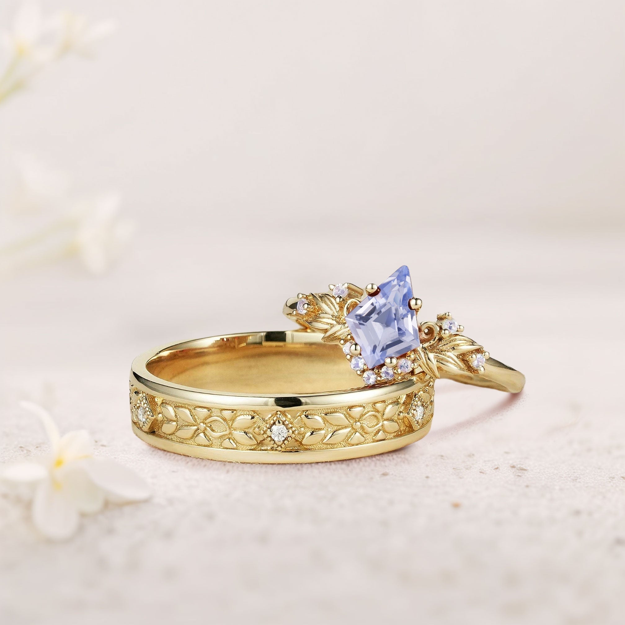 Vintage Kite Lab Sapphire Promise Ring Engagement Ring Set for Couples - Oore Jewelry