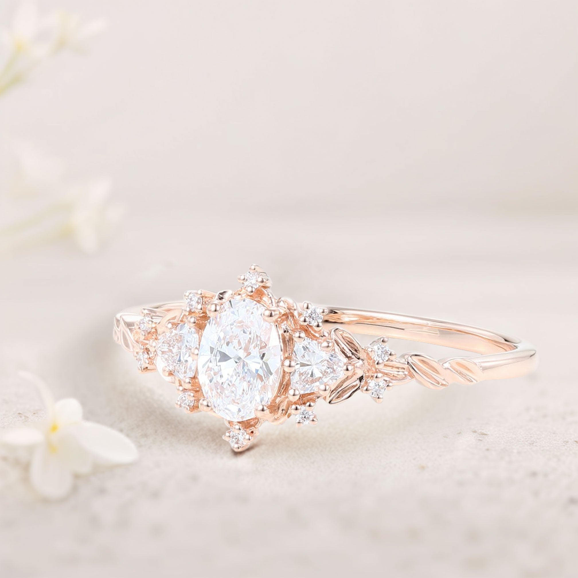 Classic Briar Rose Oval Moissanite Olive Leaves Engagement Ring Fairy Ring - Oore Jewelry