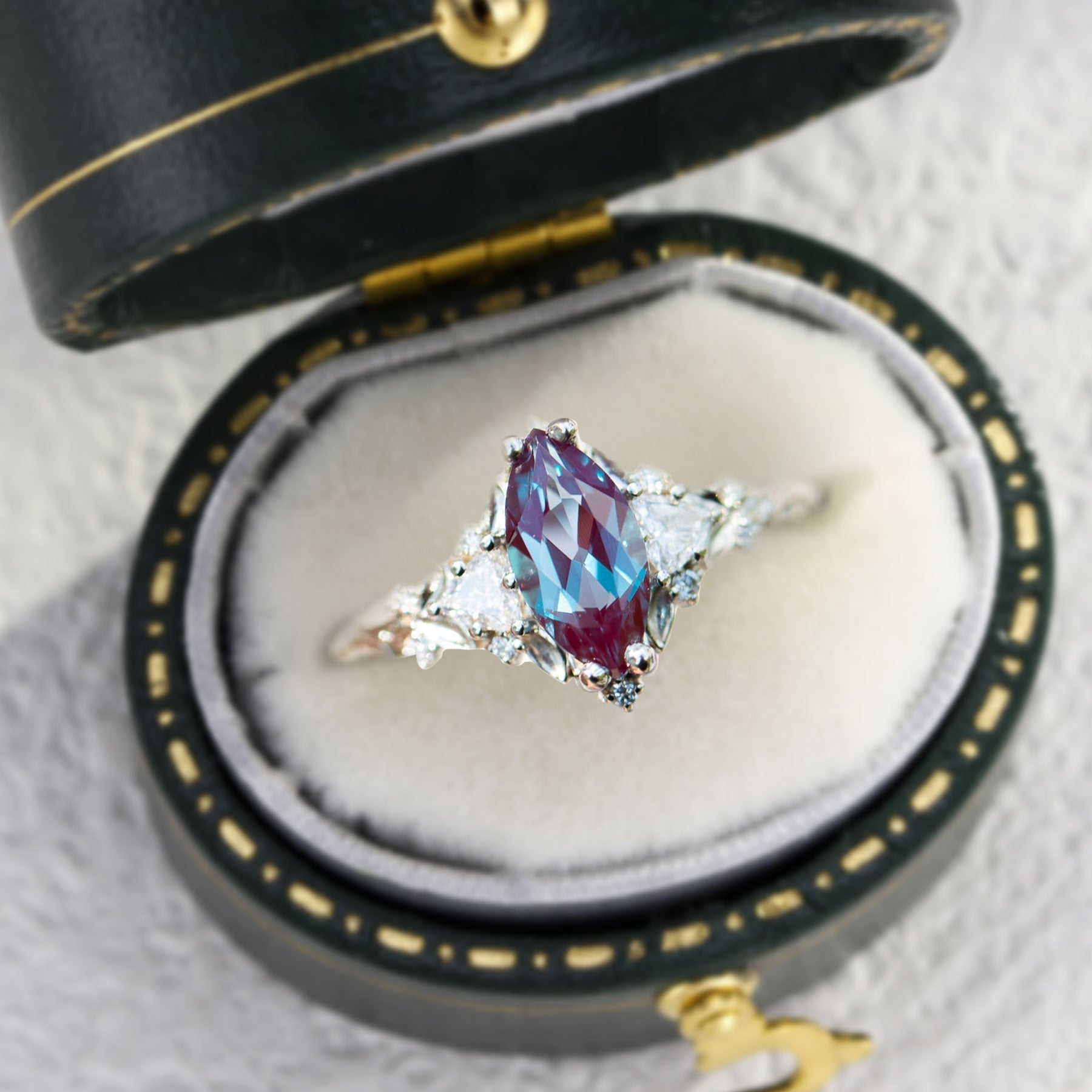 Unique Briar Rose Three Stone Marquise Lab Alexandrite Ring - Oore Jewelry