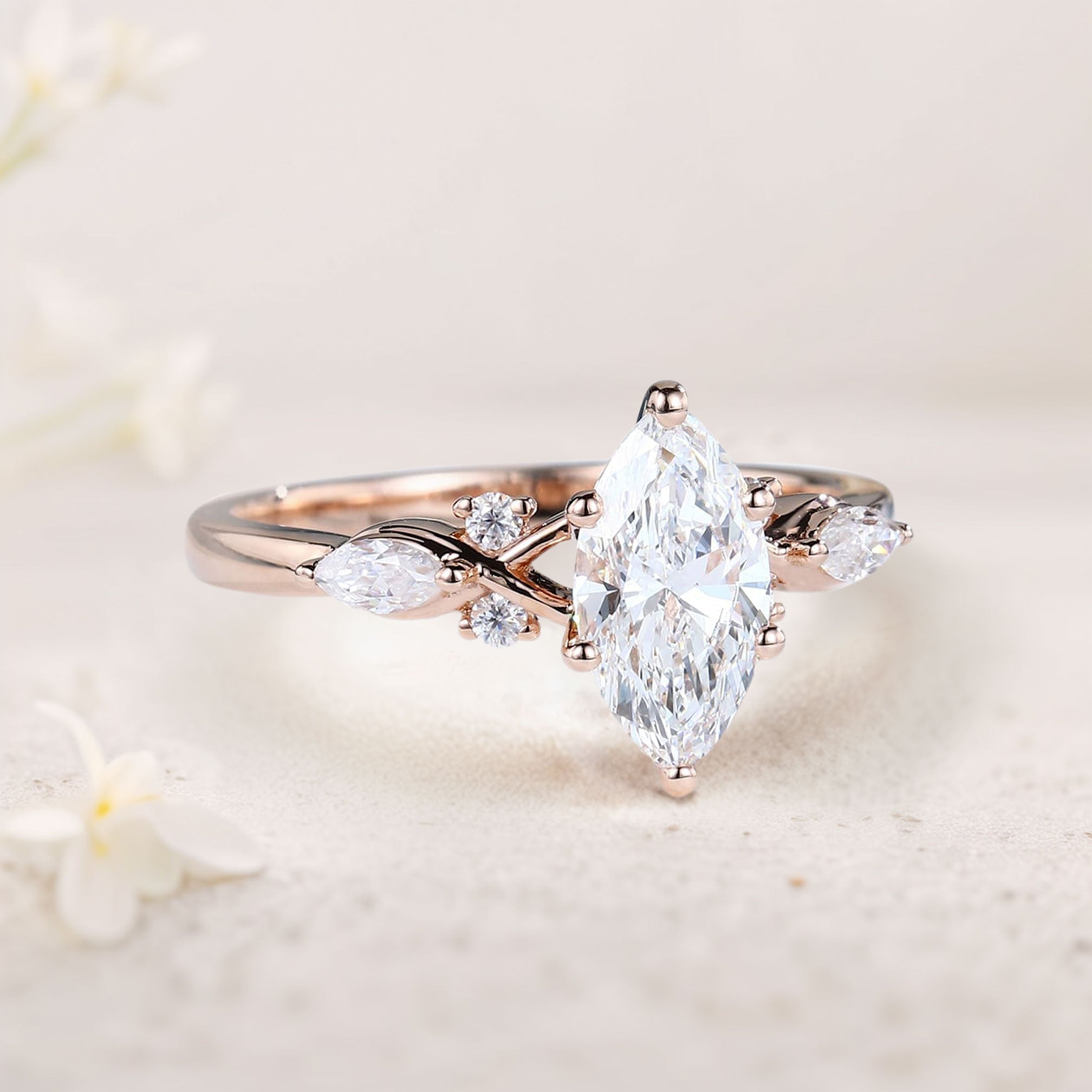 Unique Vintage Marquise Lab Grown Diamond Engagement Ring - Oore Jewelry