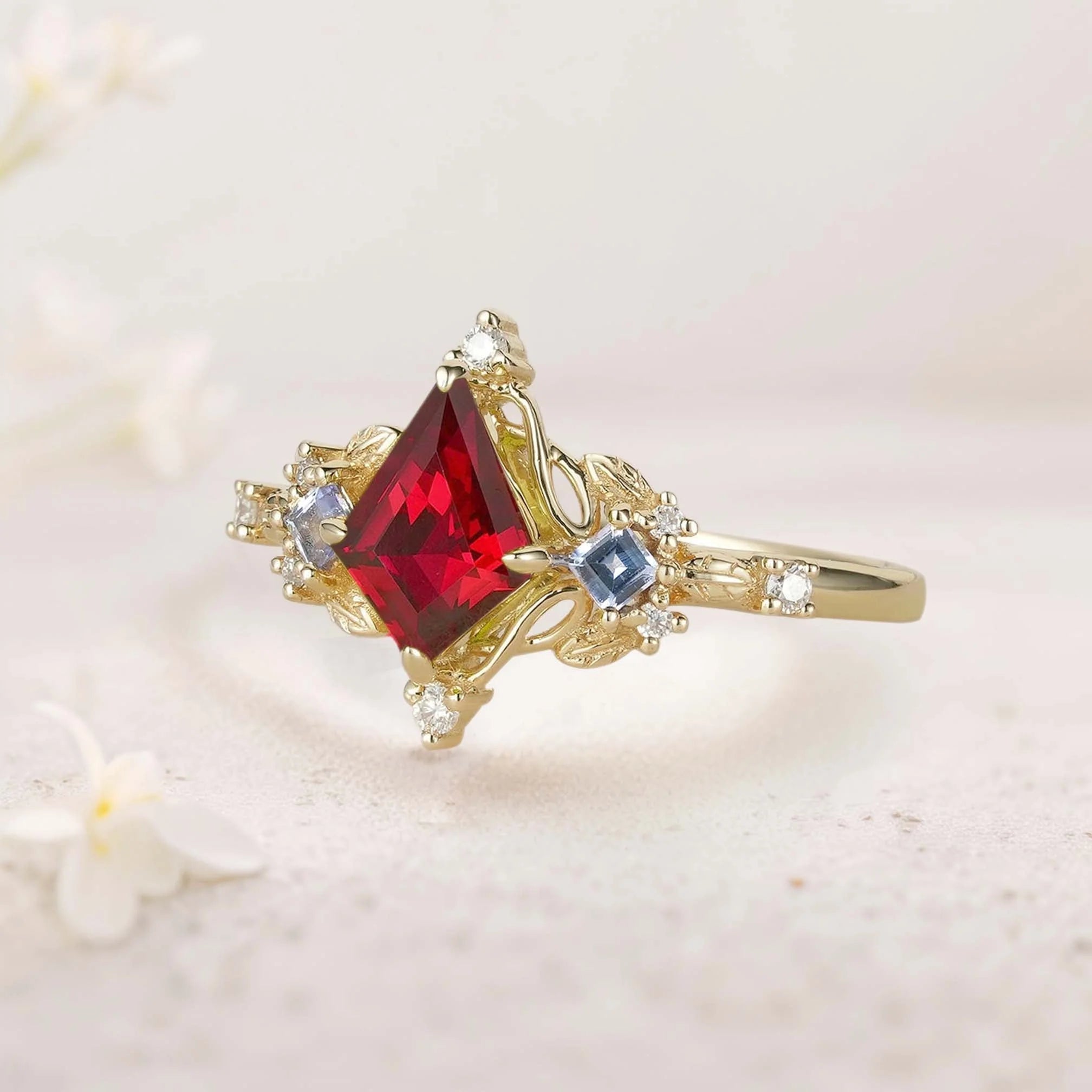 Unique Kite Three Stone Lab Ruby Leaf Ring - Oore Jewelry