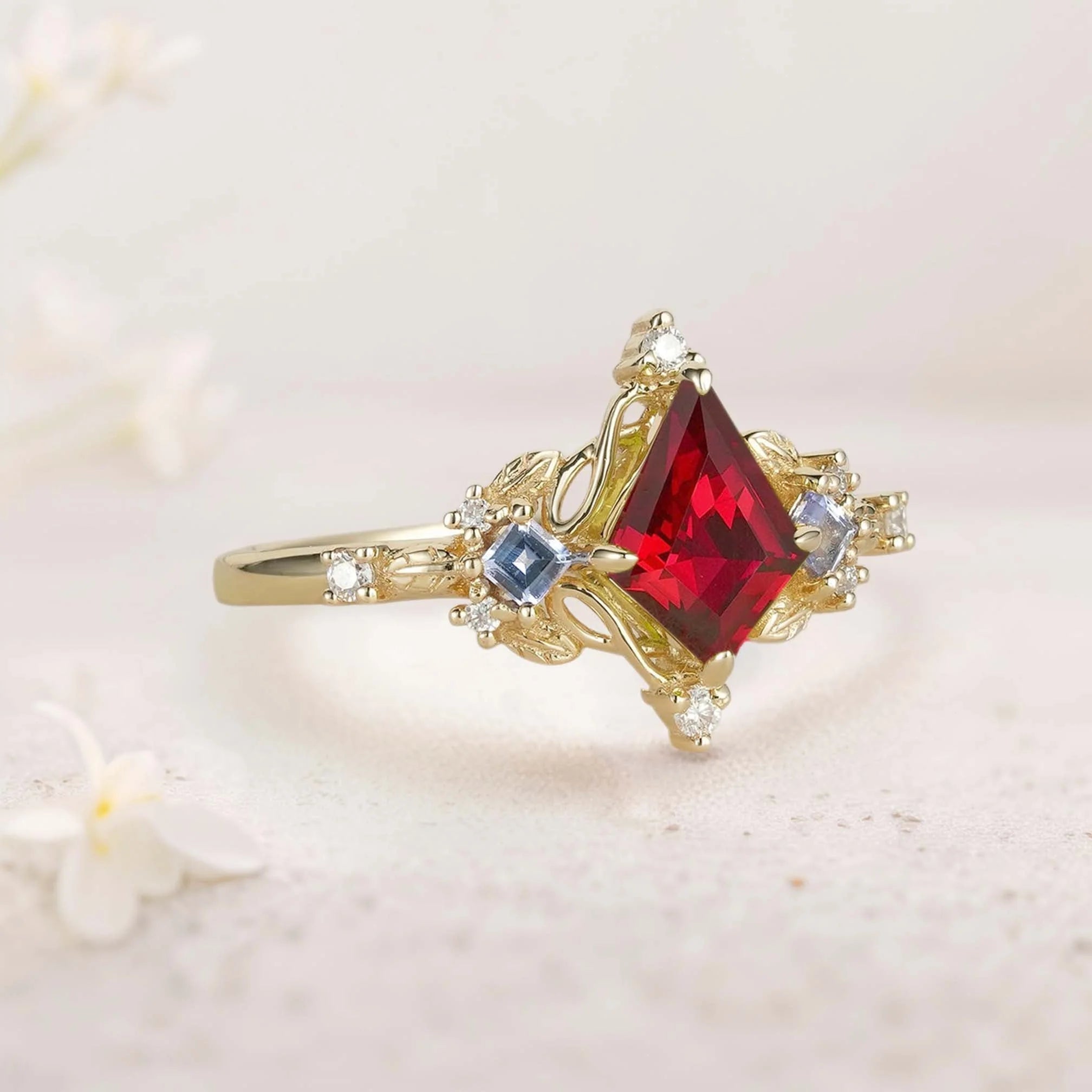 Unique Kite Three Stone Lab Ruby Leaf Ring - Oore Jewelry