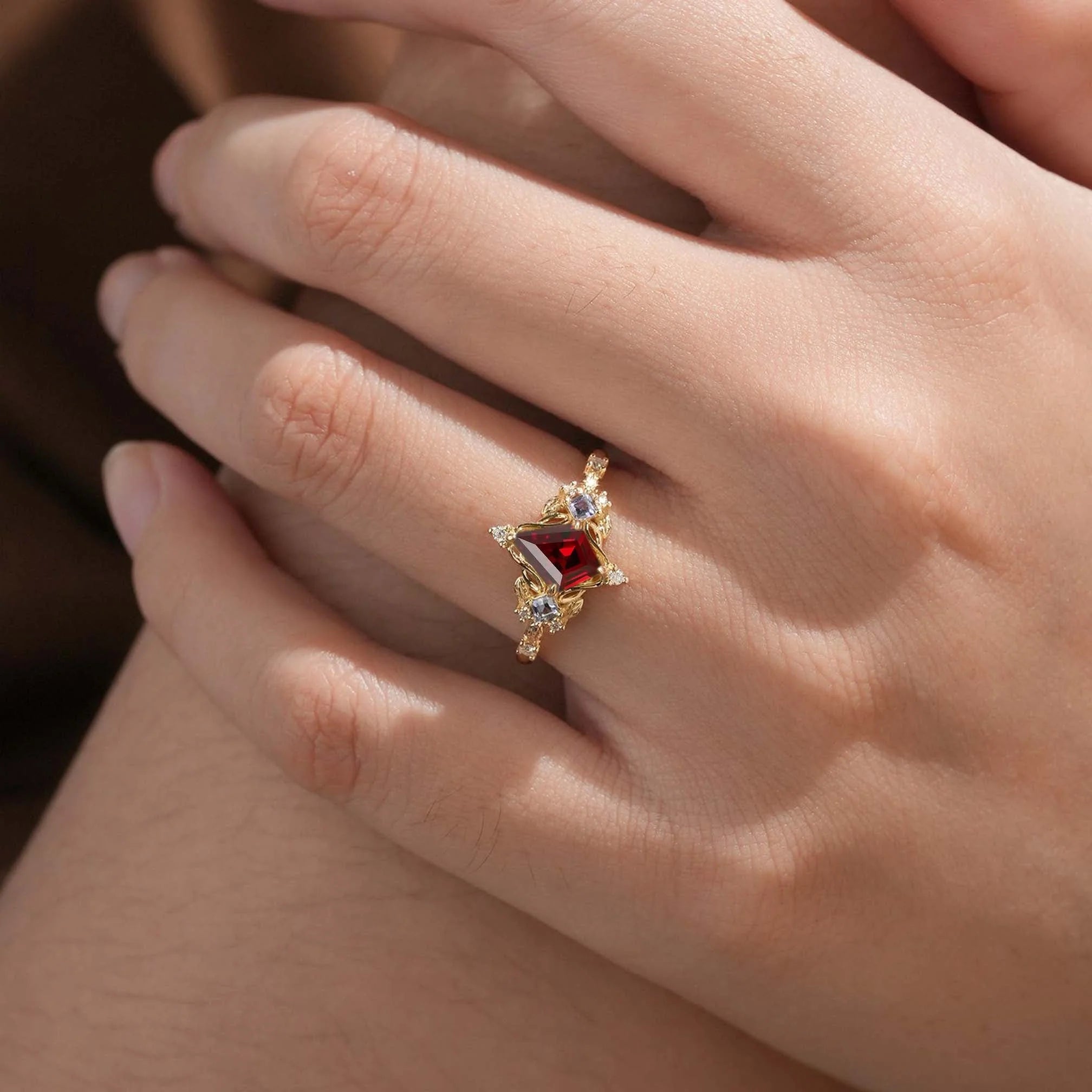 Unique Kite Three Stone Lab Ruby Leaf Ring - Oore Jewelry