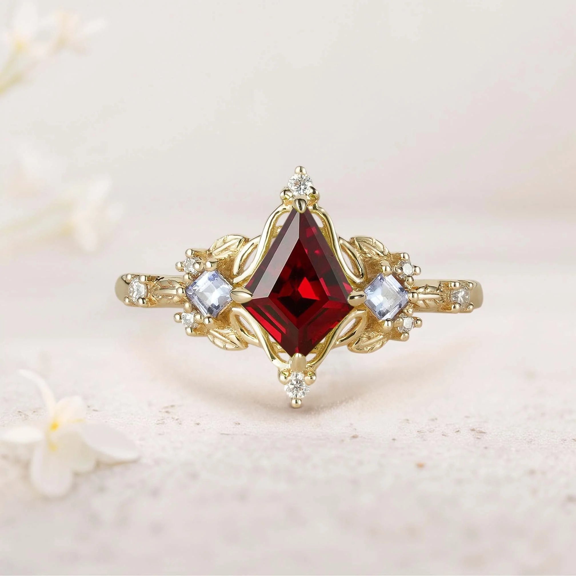 Unique Kite Three Stone Lab Ruby Leaf Ring - Oore Jewelry
