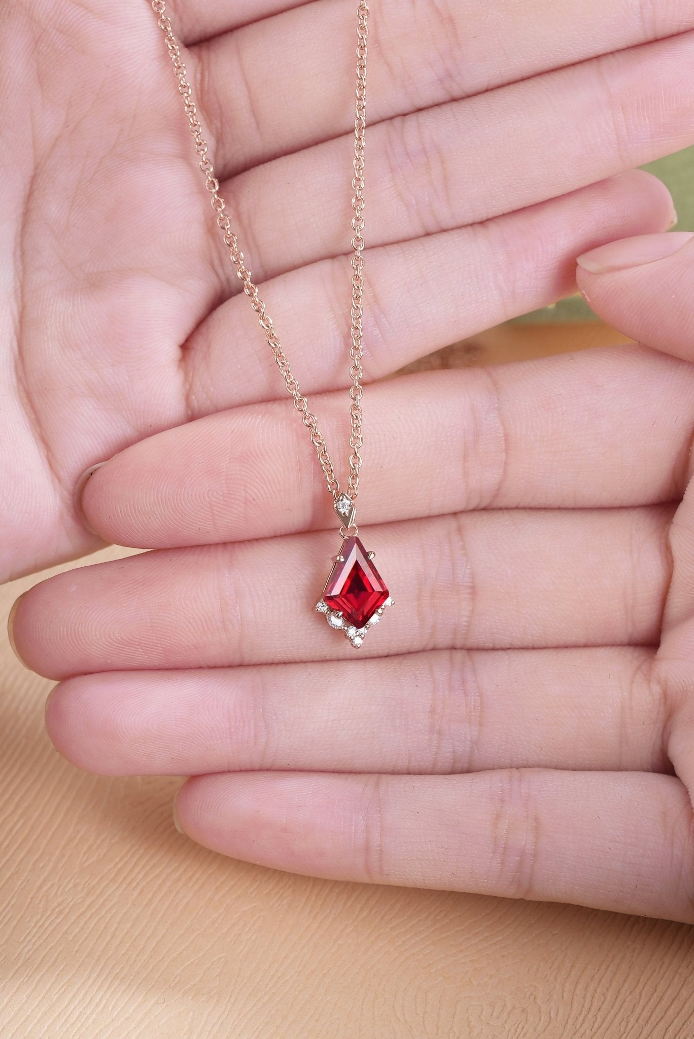 Unique Kite Cut Lab Ruby Leafy Necklace - Oore Jewelry