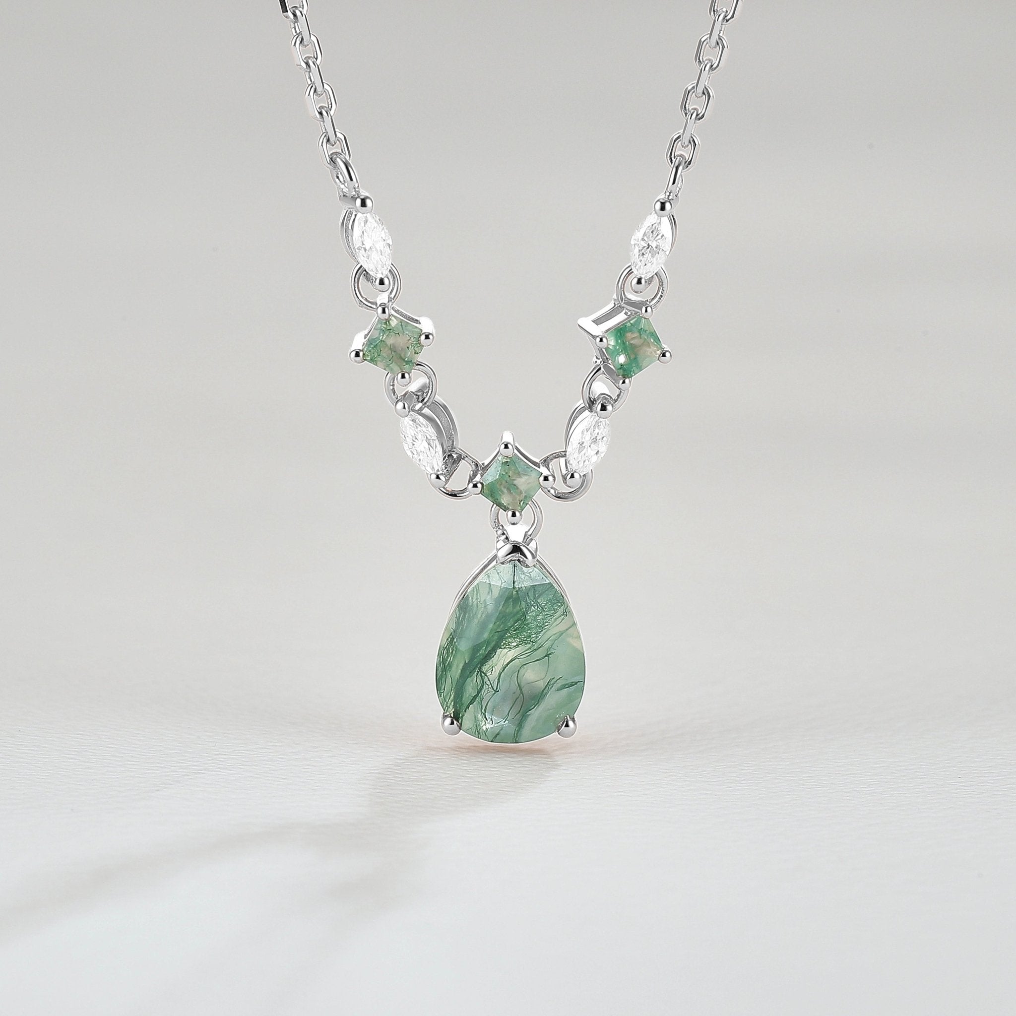 Unique Cluster Pear Cut Moss Agate and Moissanite Necklace - Oore Jewelry