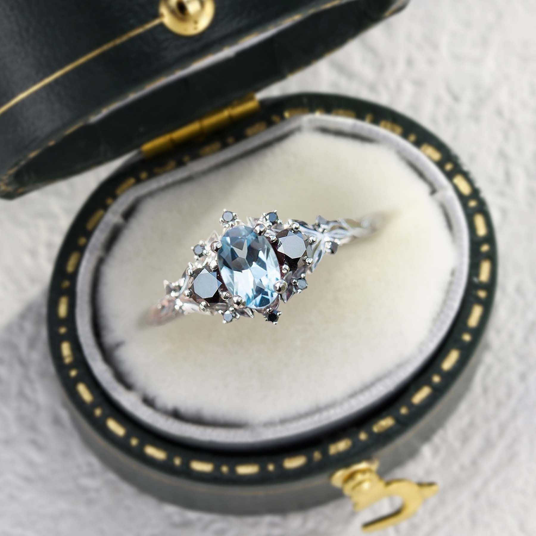 Unique Briar Rose Three Stone Oval Lab Aquamarine and Black Moissanite Ring - Oore Jewelry