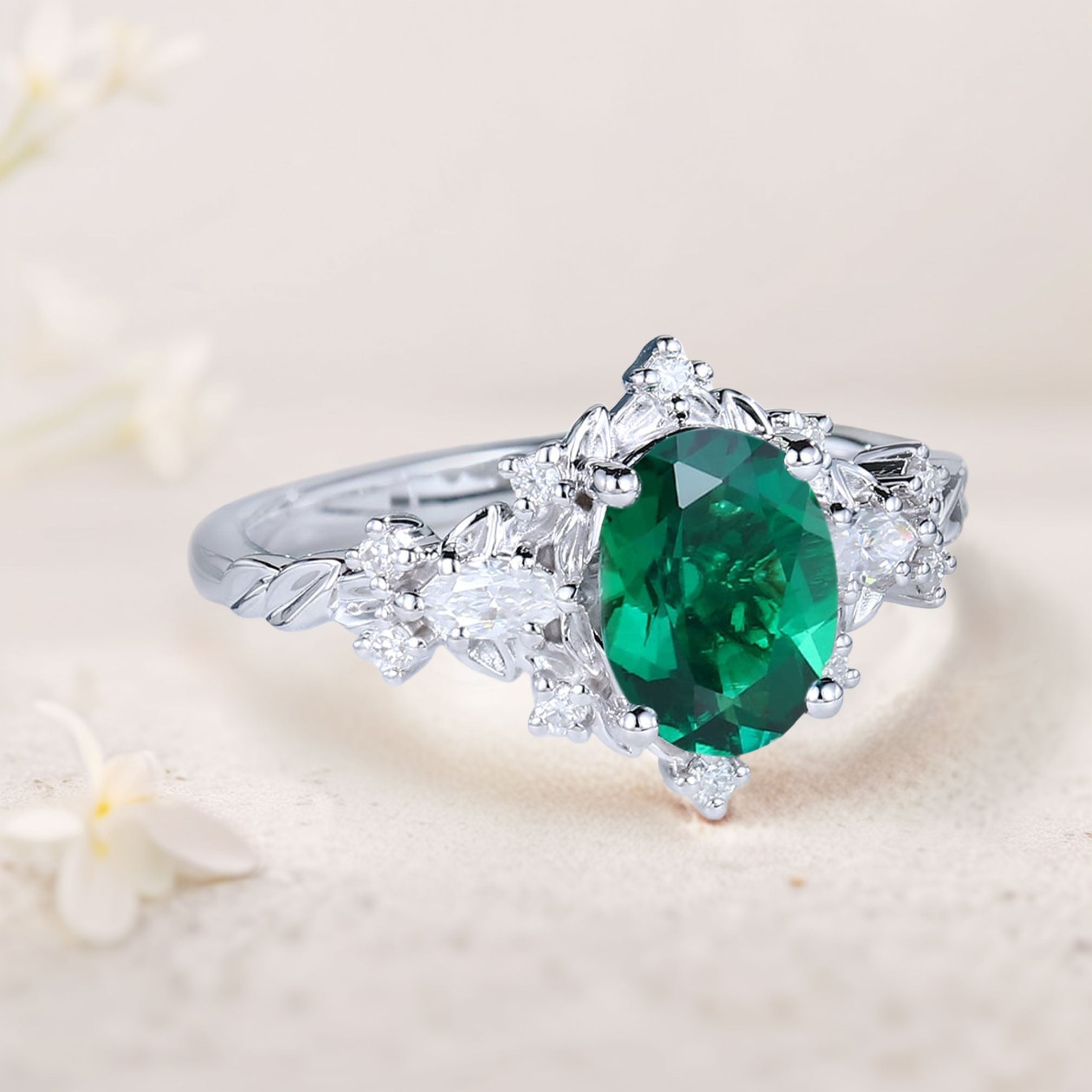 Vintage Briar Rose Oval Lab Emerald Engagement Ring Vine Ring - Oore Jewelry