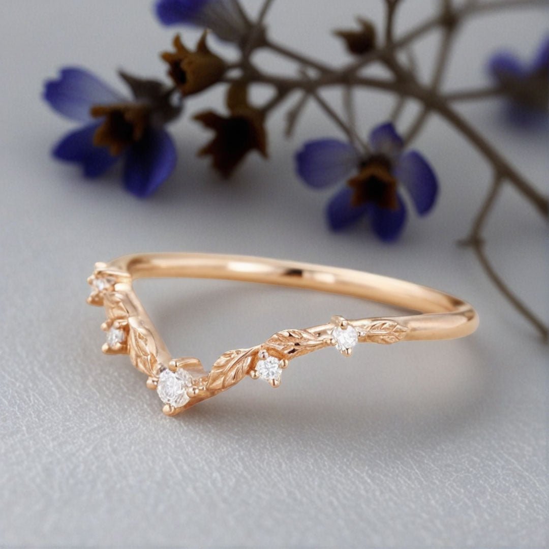 Unique Round Moissanite Wedding Band Art-deco Leaf Moissanite Engagement Ring - Oore Jewelry