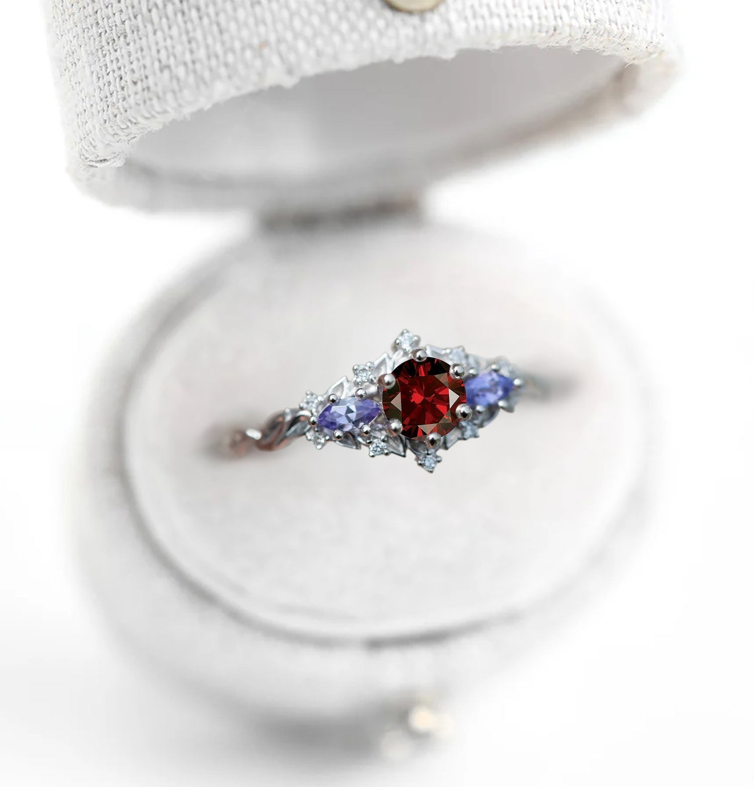 Unique Briar Rose Three-Stone Round Garnet Anniversary Ring - Oore Jewelry