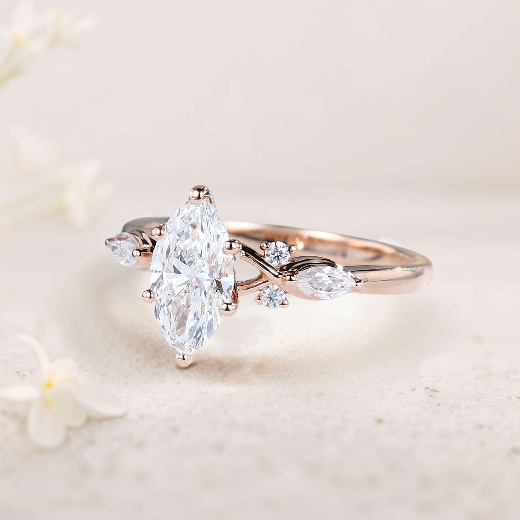 Unique Vintage Marquise Lab Grown Diamond Engagement Ring - Oore Jewelry