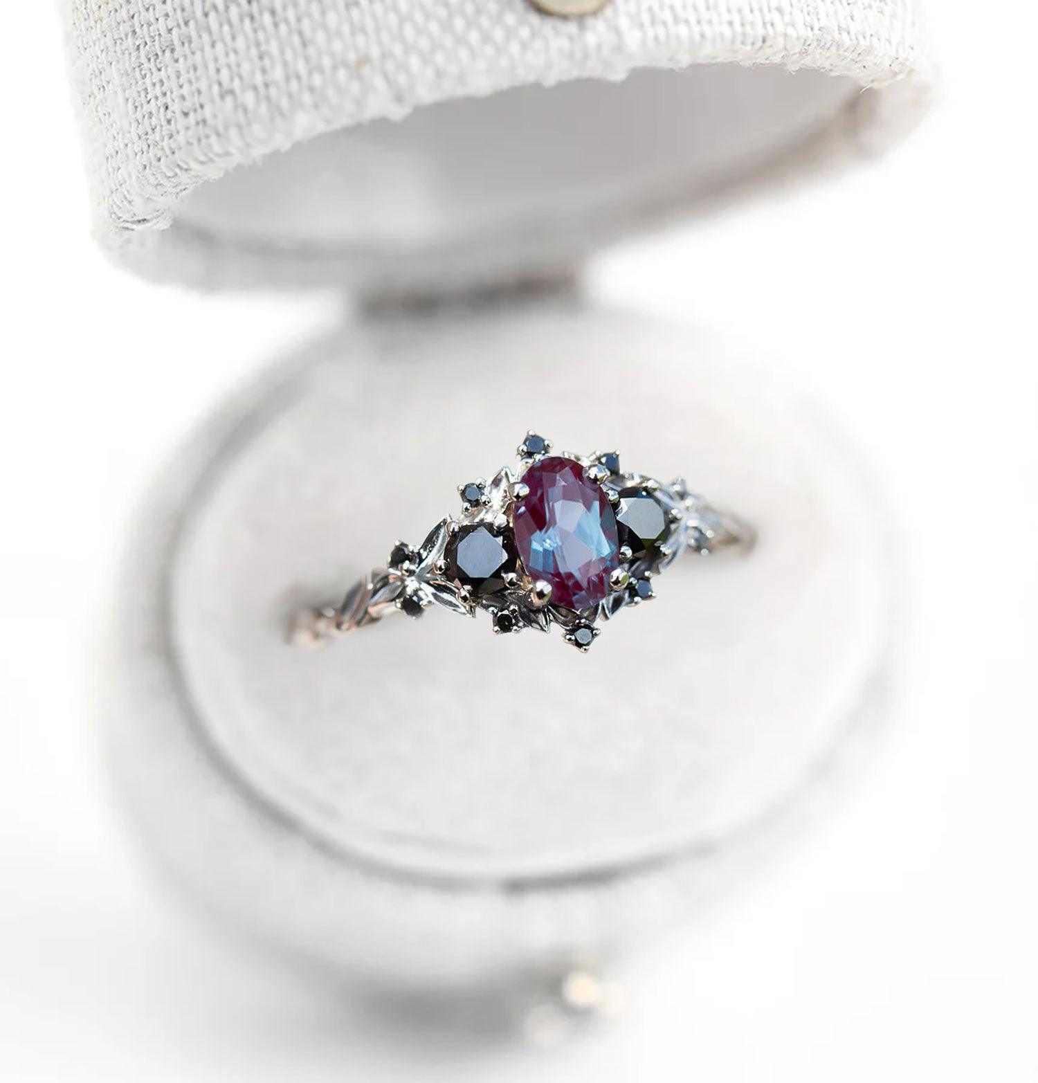 Unique Briar Rose Three Stone Oval Lab Alexandrite and Black Moissanite Ring - Oore Jewelry
