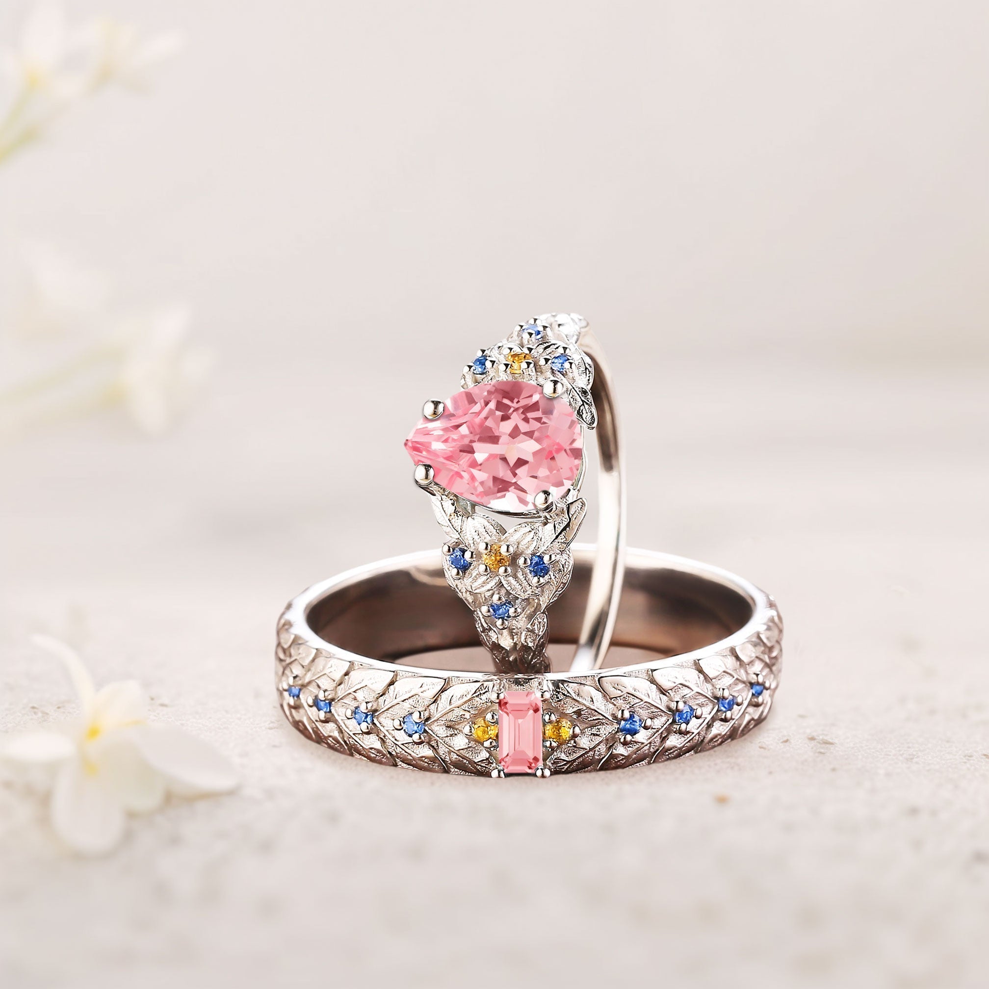 Unique Pear Lab Padparadscha His and Hers Matching Wedding Ring Set - Oore Jewelry