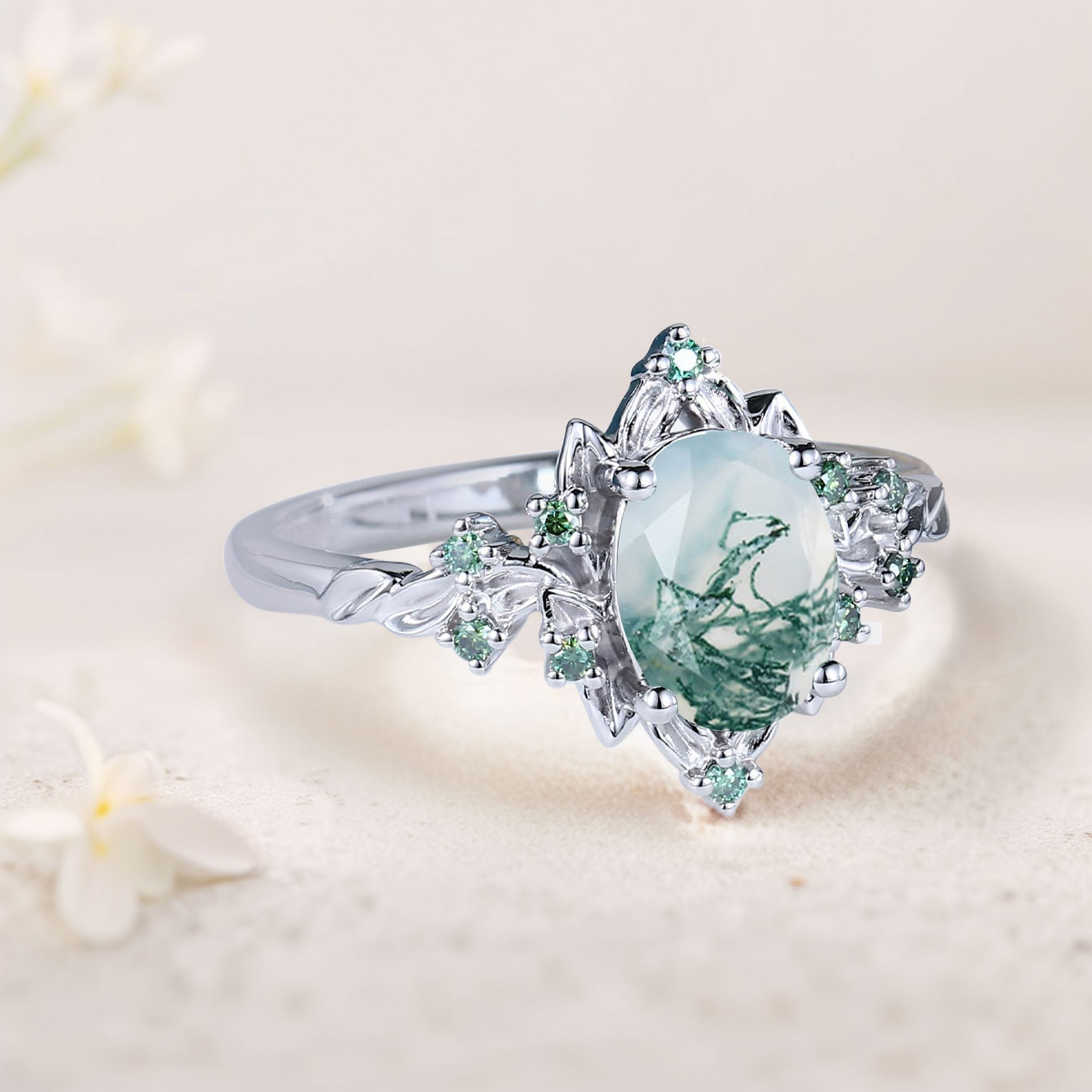 Vintage Briar Rose Oval Moss Agate Engagement Ring Olive Leaves Ring - Oore Jewelry