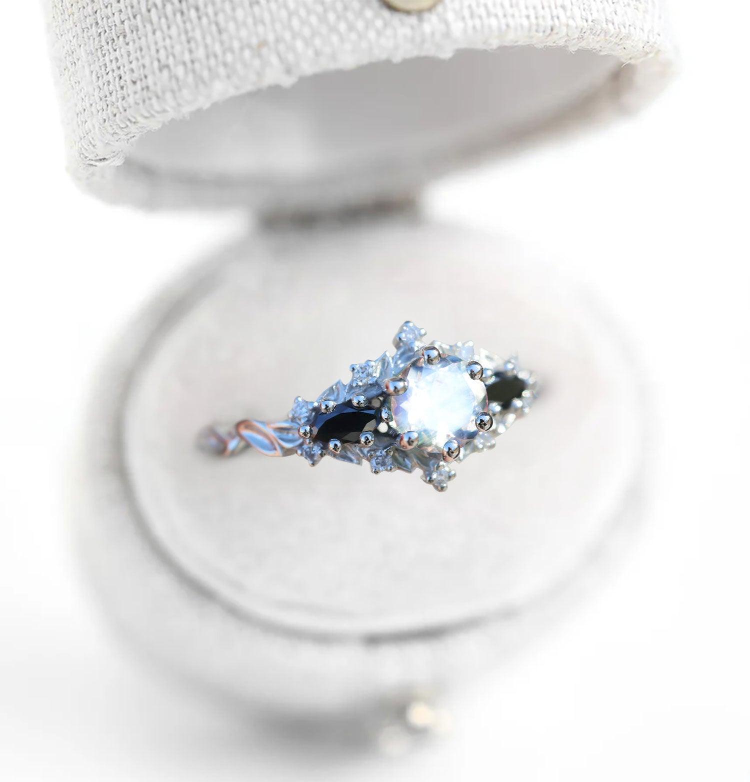 Unique Briar Rose Round Lab Moonstone and Black Moissanite Ring - Oore Jewelry