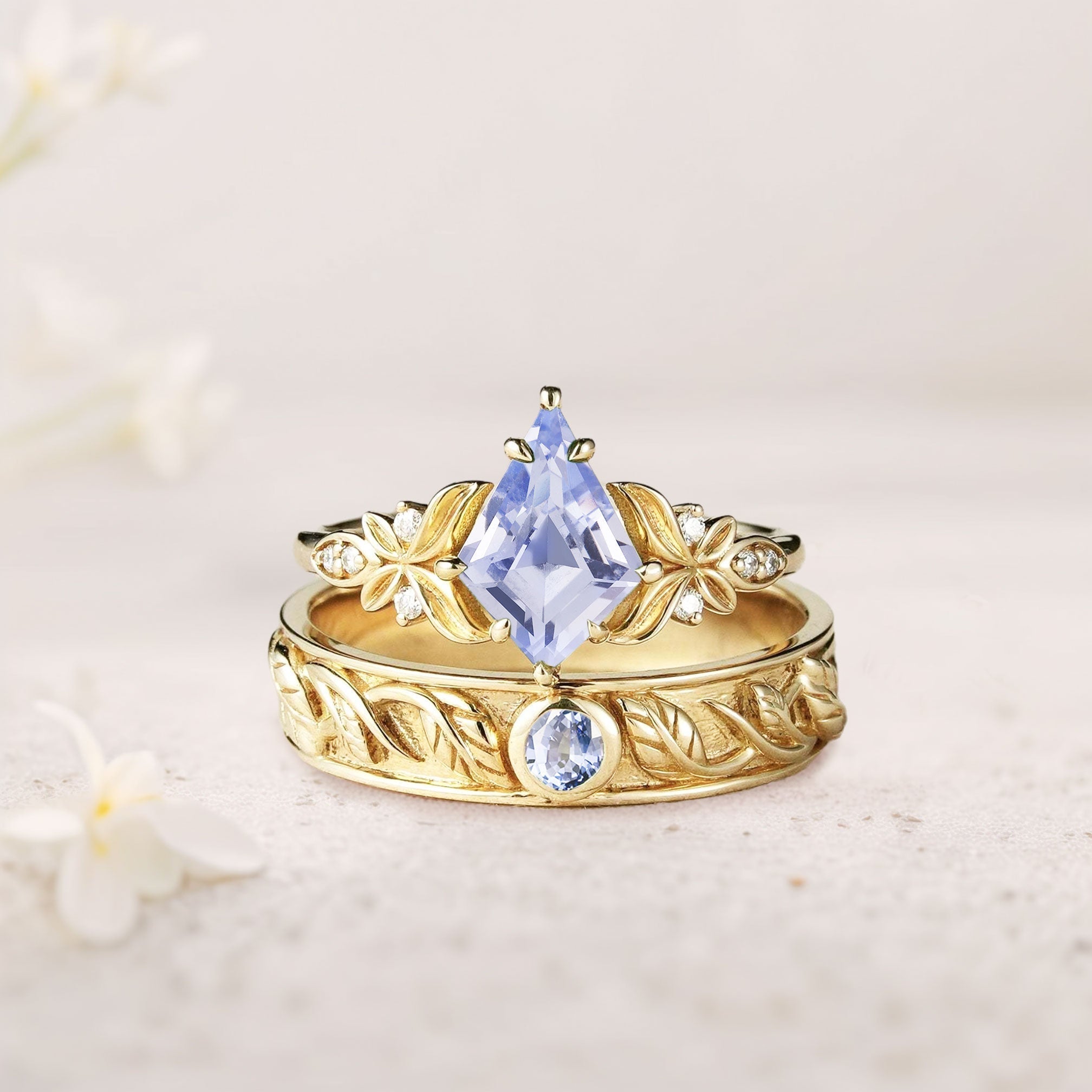 Unique Kite Lab Sapphire Promise Engagement Ring Wedding Ring Set For Couples - Oore Jewelry