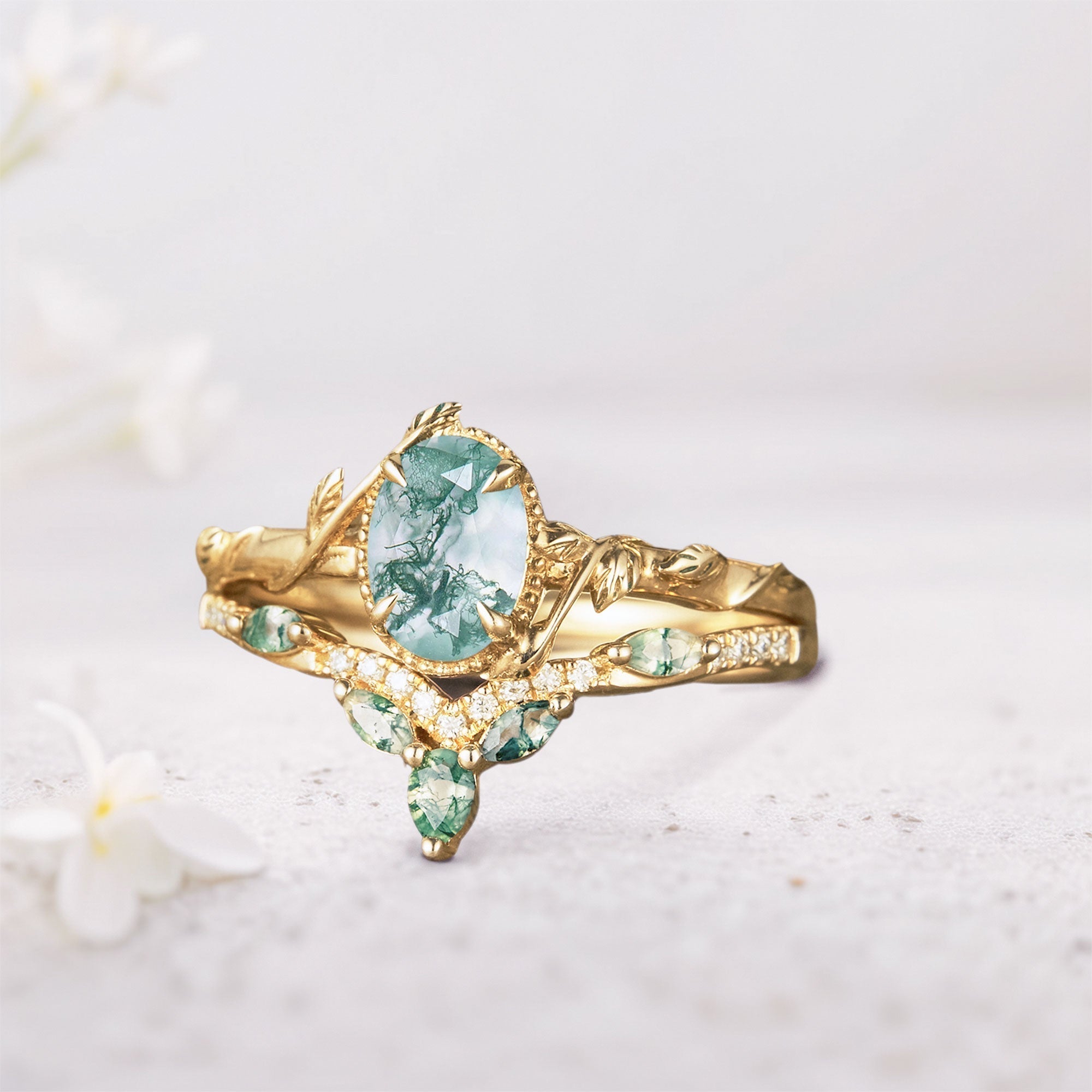 Unique Oval Moss Agate Twig Wedding Ring Set Bridal Ring Set - Oore Jewelry