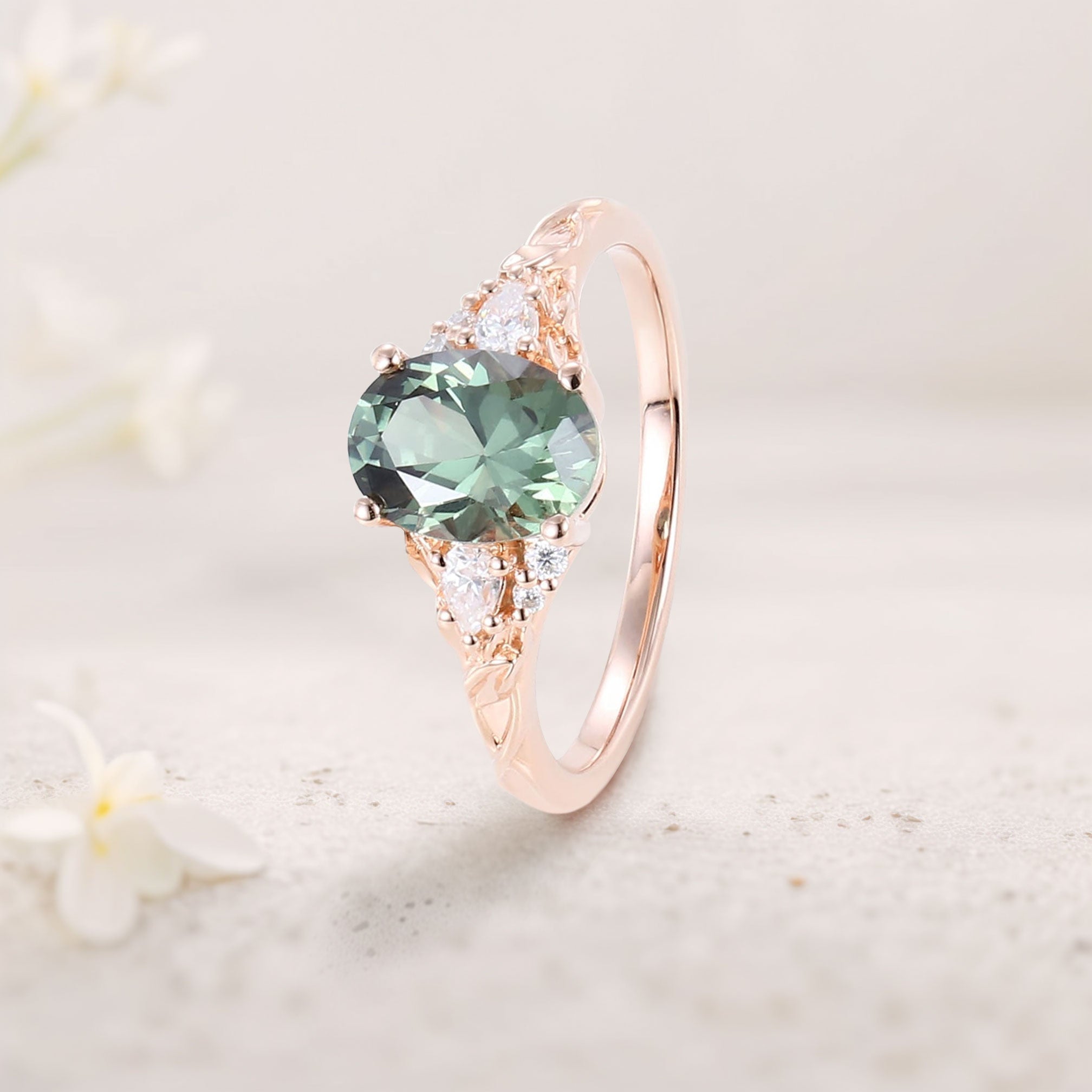 Unique Oval Green Lab Sapphire and Moissanite Wedding Ring - Oore Jewelry