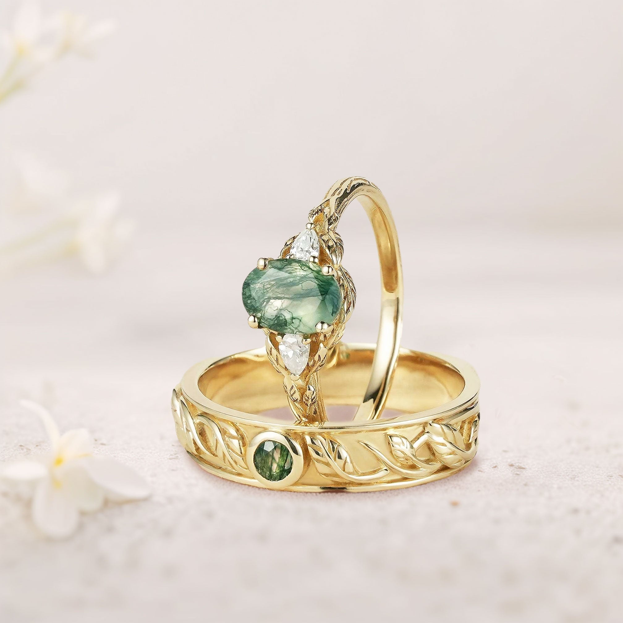 Unique Leaf Design Oval Moss agate and Moissanite Wedding Ring Promise Ring for Couples - Oore Jewelry