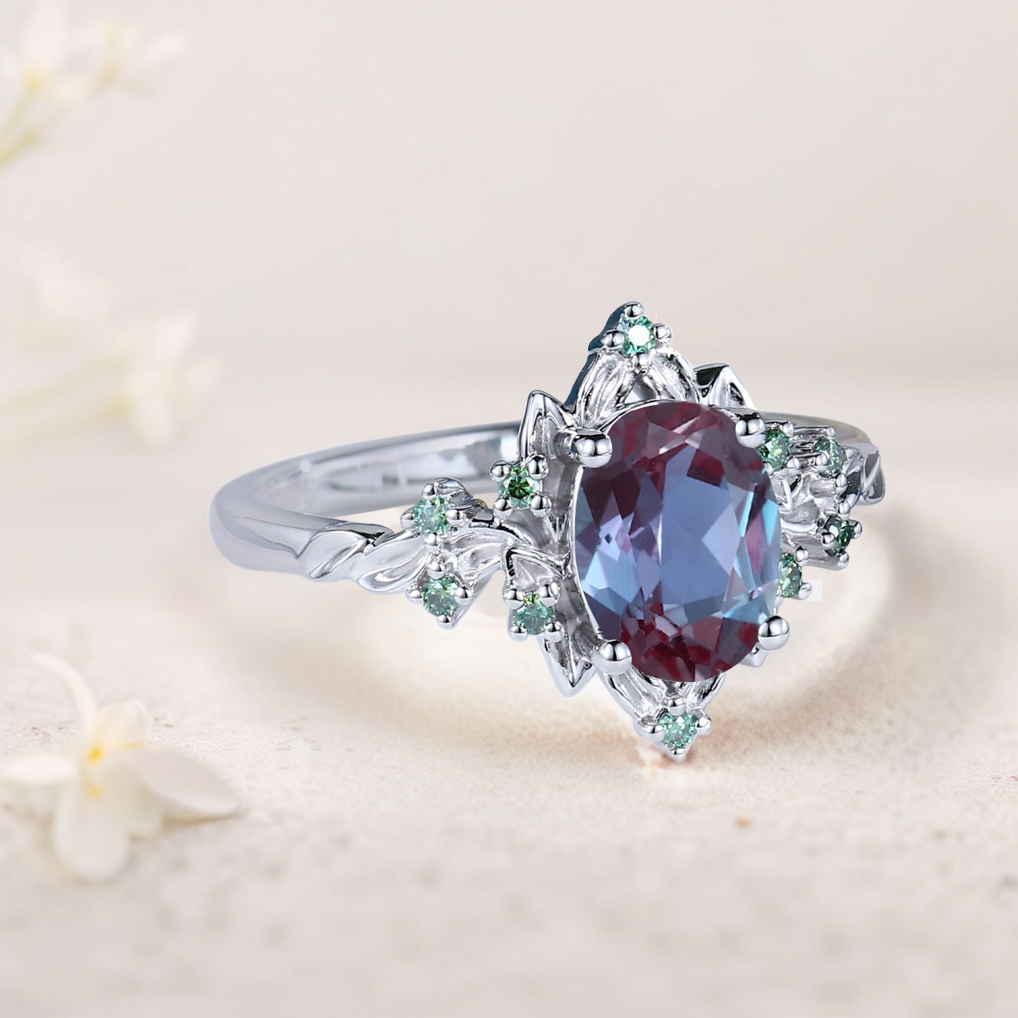 Vintage Briar Rose Oval Lab Alexandrite Engagement Ring Olive Leaves Ring - Oore Jewelry