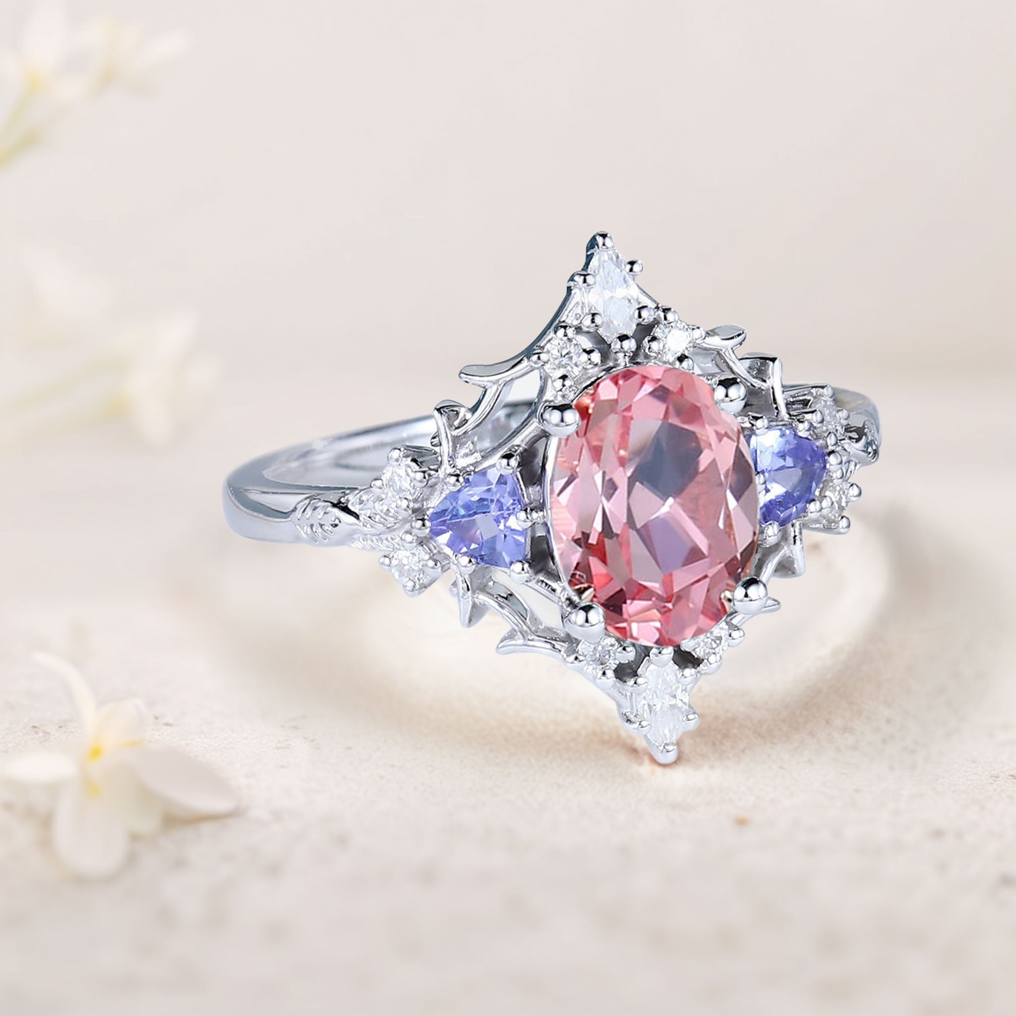 Vintage Briar Rose Oval Pink Lab Padparadscha Engagement Ring Filigree Ring - Oore Jewelry