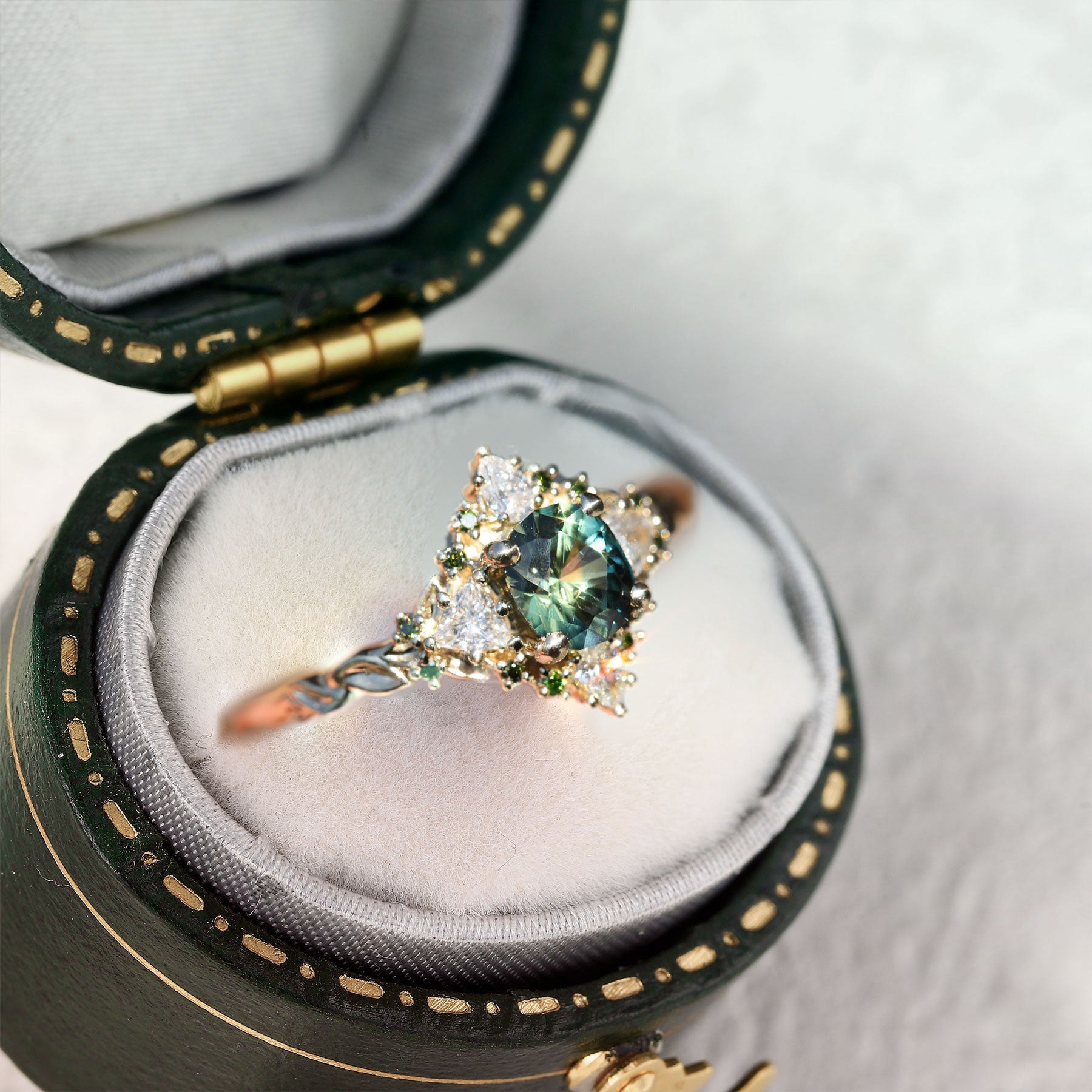 Unique floral engagement rings Enchanted Briar Round Teal Moissanite Ring - Oore Jewelry