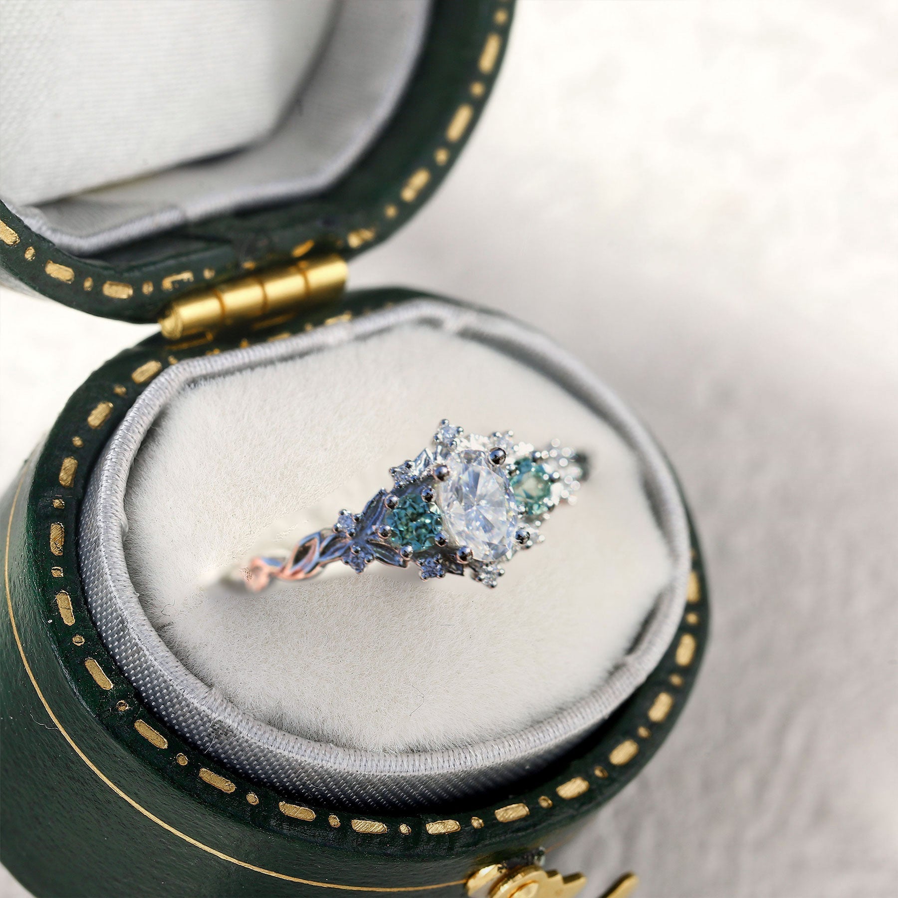 Unique Briar Rose Oval Moissanite and Light Green Lab Sapphire Ring - Oore Jewelry