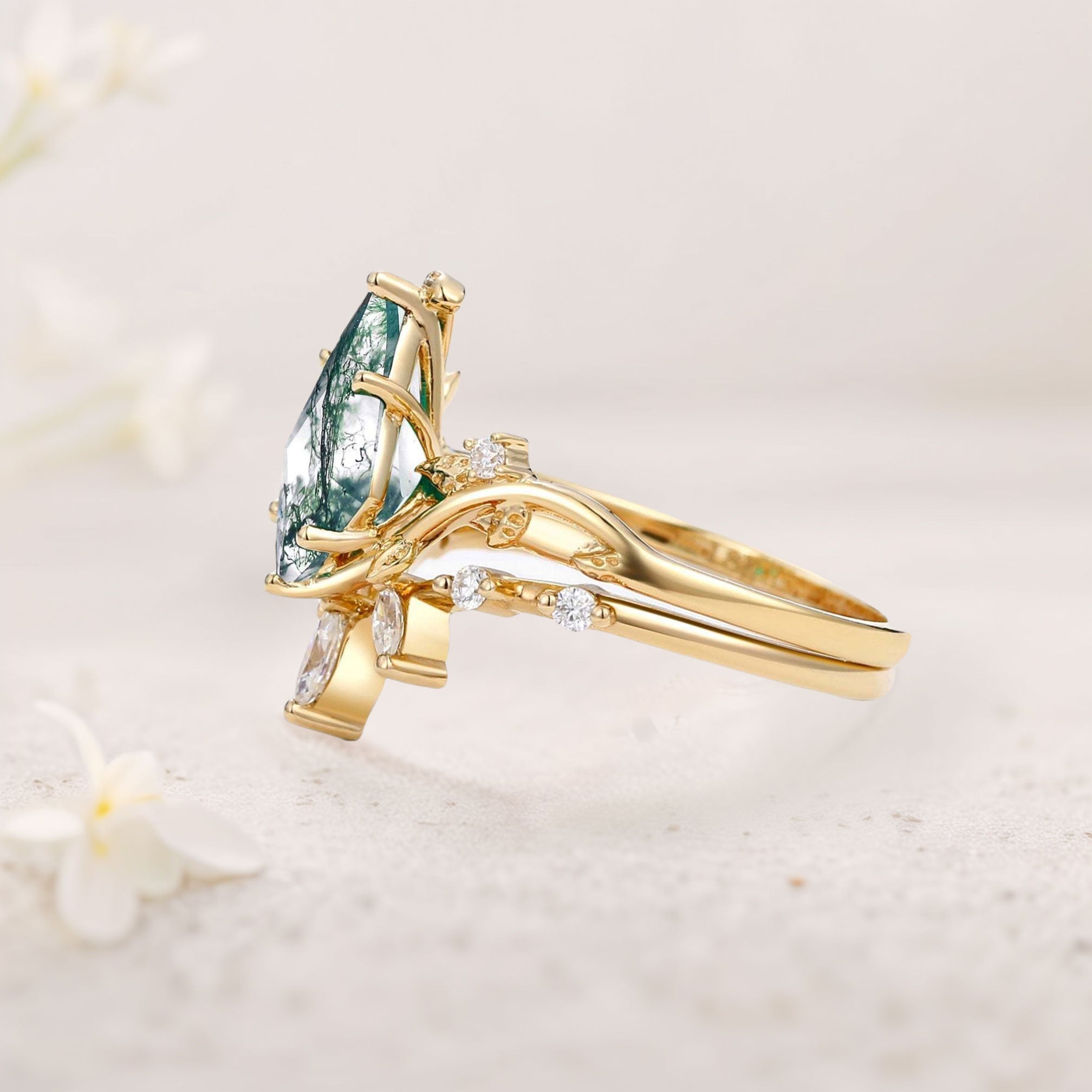 Unique floral engagement rings Kite Moss Agate Engagement Ring Set with Leafy Accents - Oore Jewelry