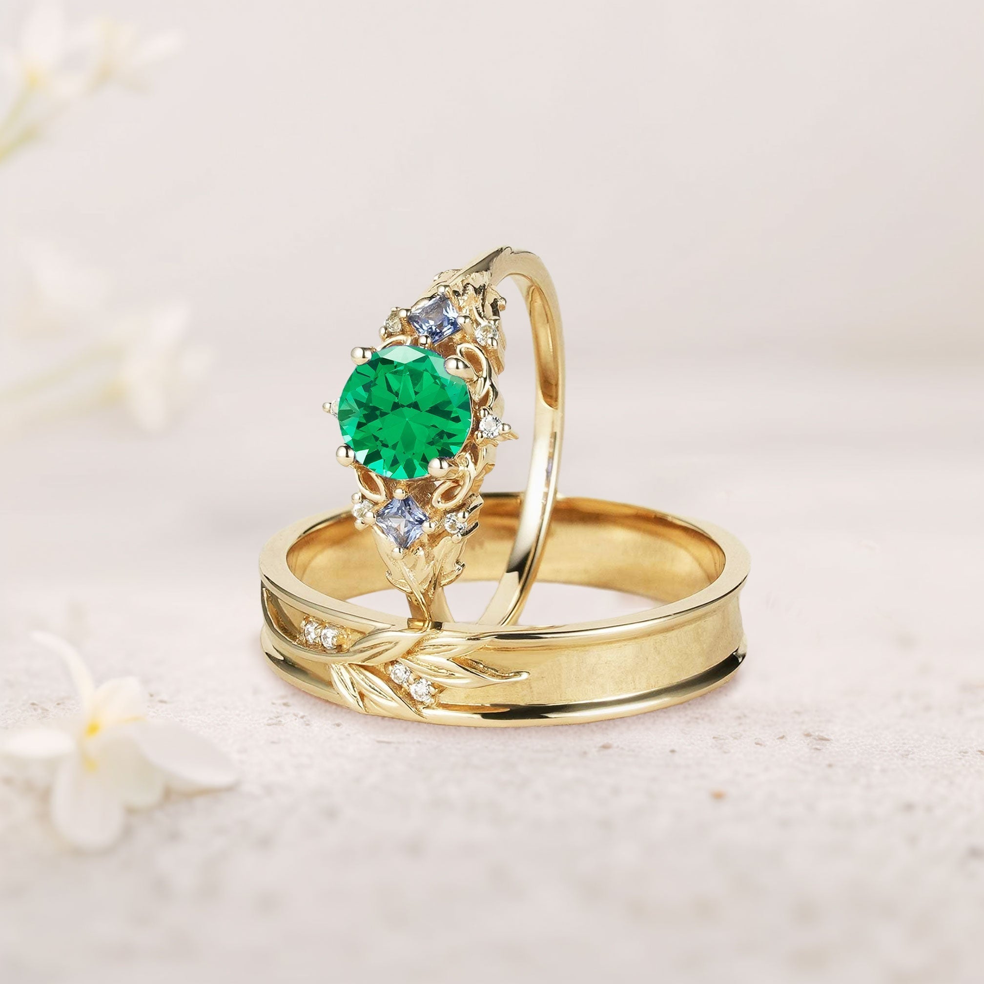 Unique Round Lab Emerald Promise Ring Engagement Ring Set for Couples - Oore Jewelry