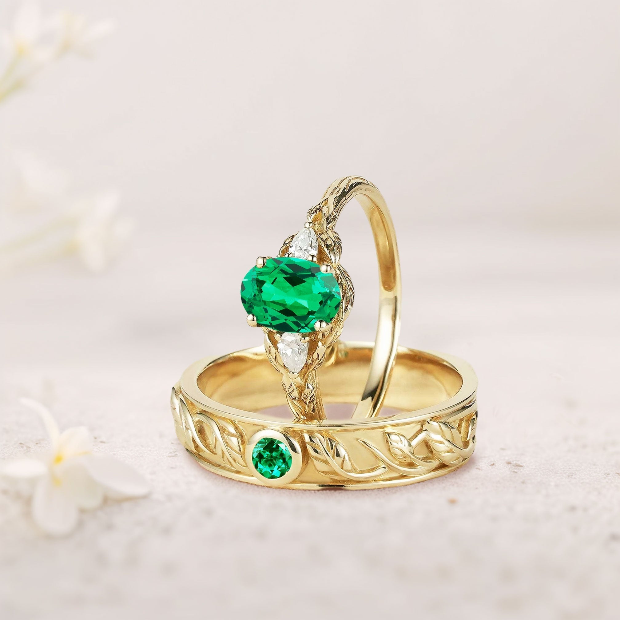 Unique Leaf Design Oval Lab Emerald and Moissanite Wedding Ring Promise Ring for Couples - Oore Jewelry