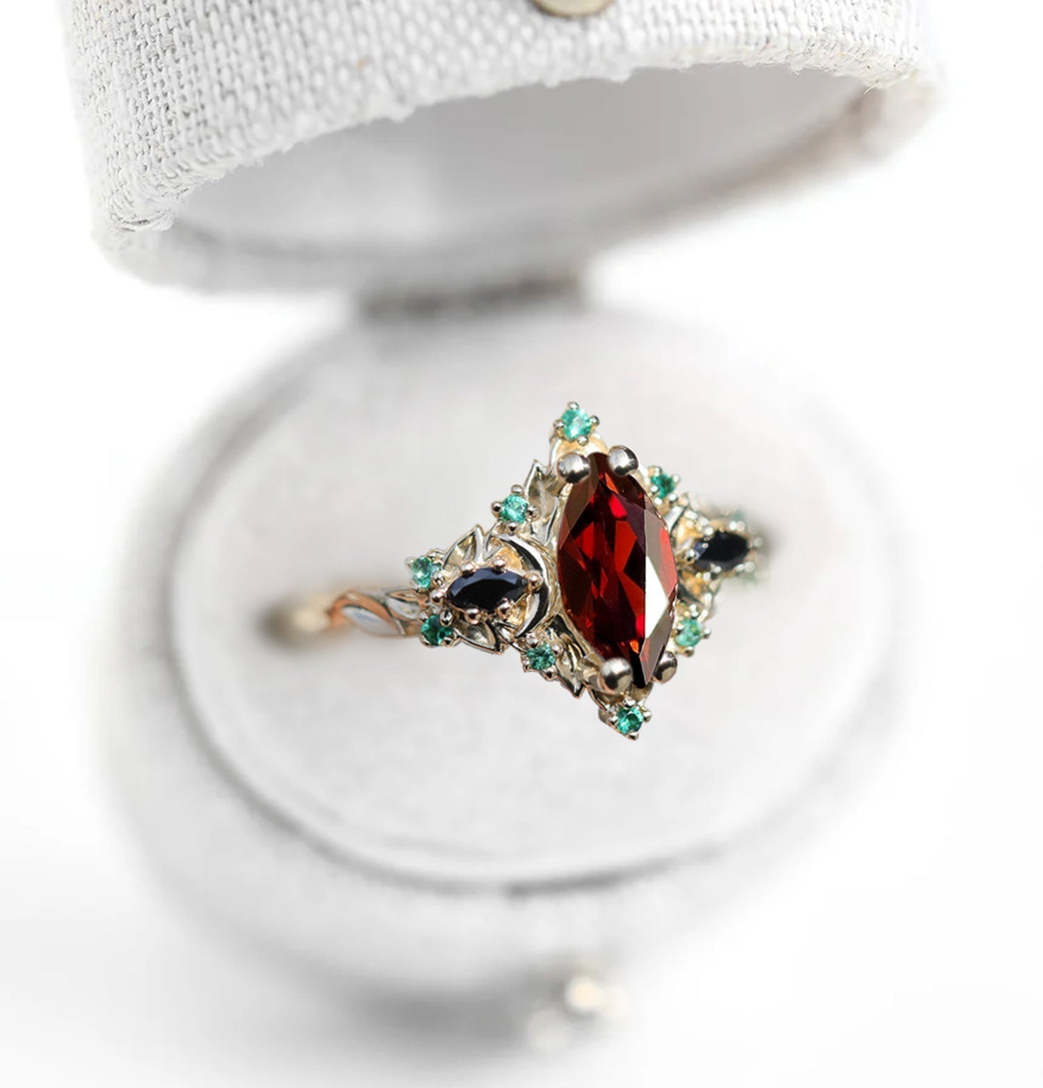 Unique Briar Moon Three Stone Marquise Garnet and Lab Emerald Ring - Oore Jewelry