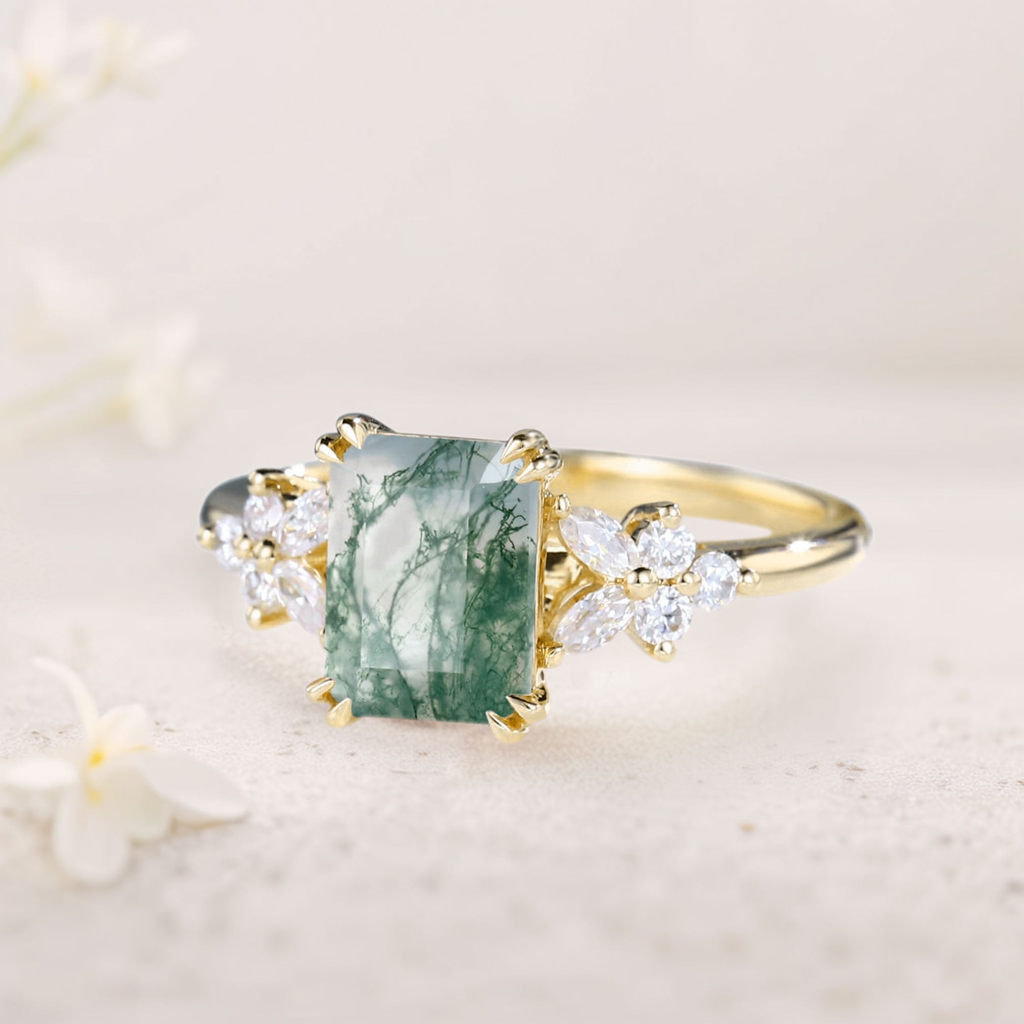Vintage Emerald Cut Moss Agate Engagement Ring - Oore Jewelry