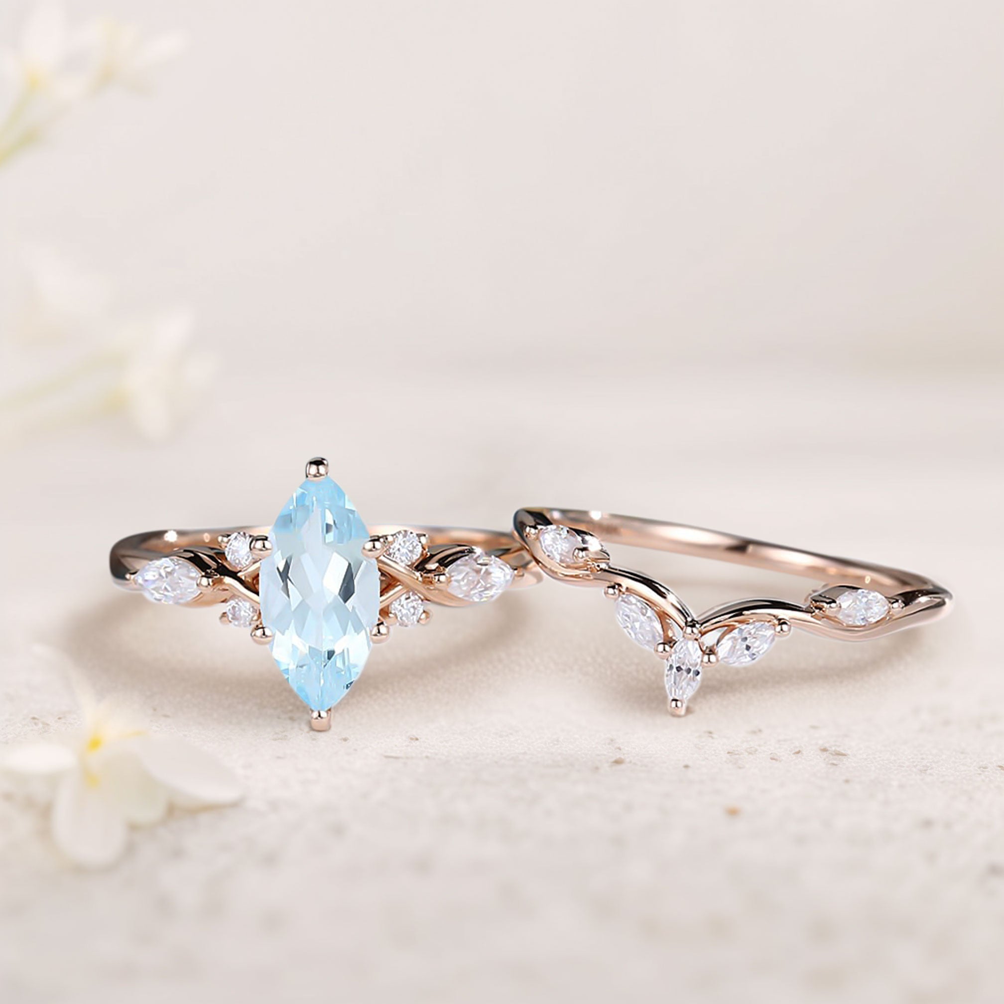 Unique Marquise Lab Aquamarine and Moissanite Wedding Ring Set Bridal Ring Set - Oore Jewelry