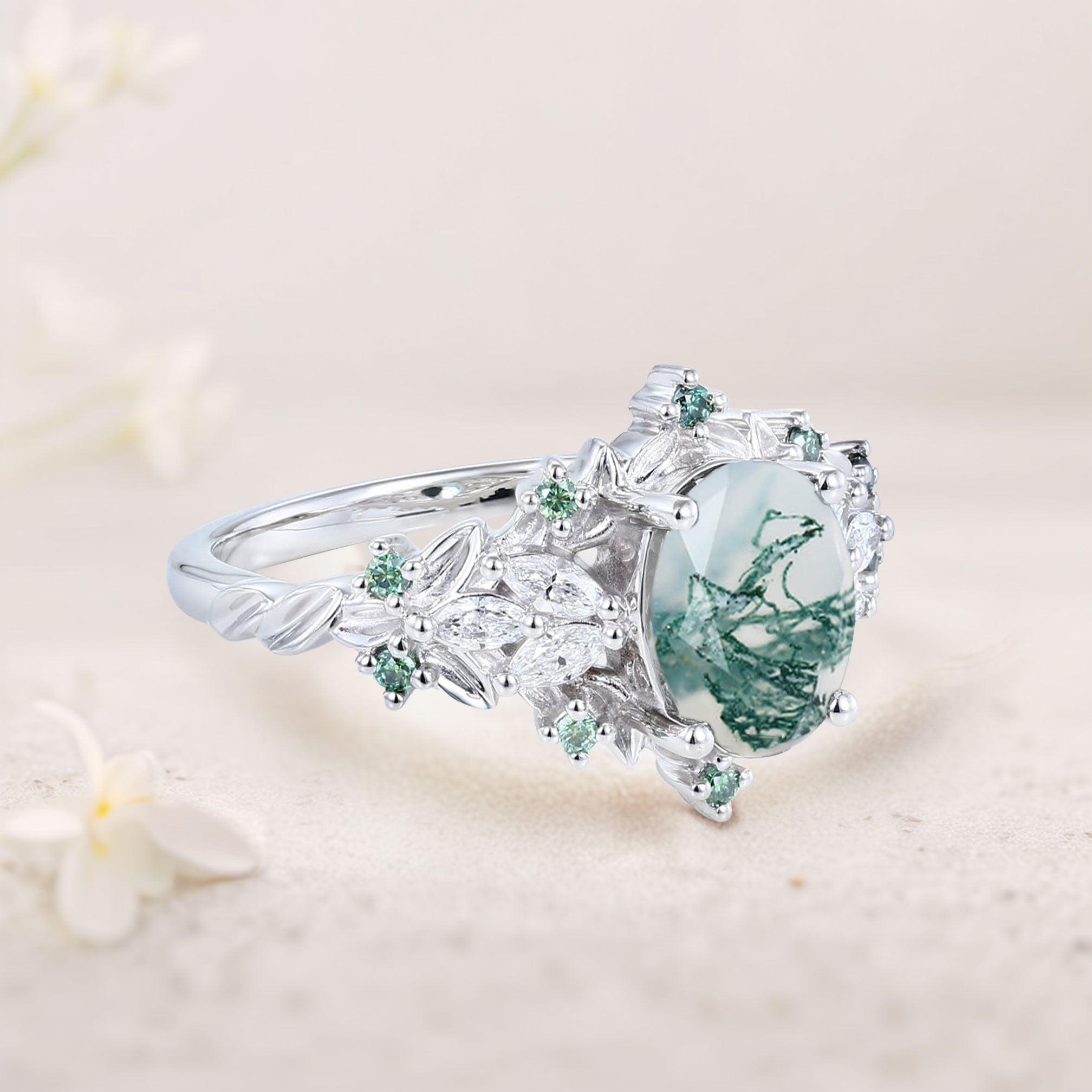 Unique Starlight Moss Agate Engagement Ring - Oore Jewelry