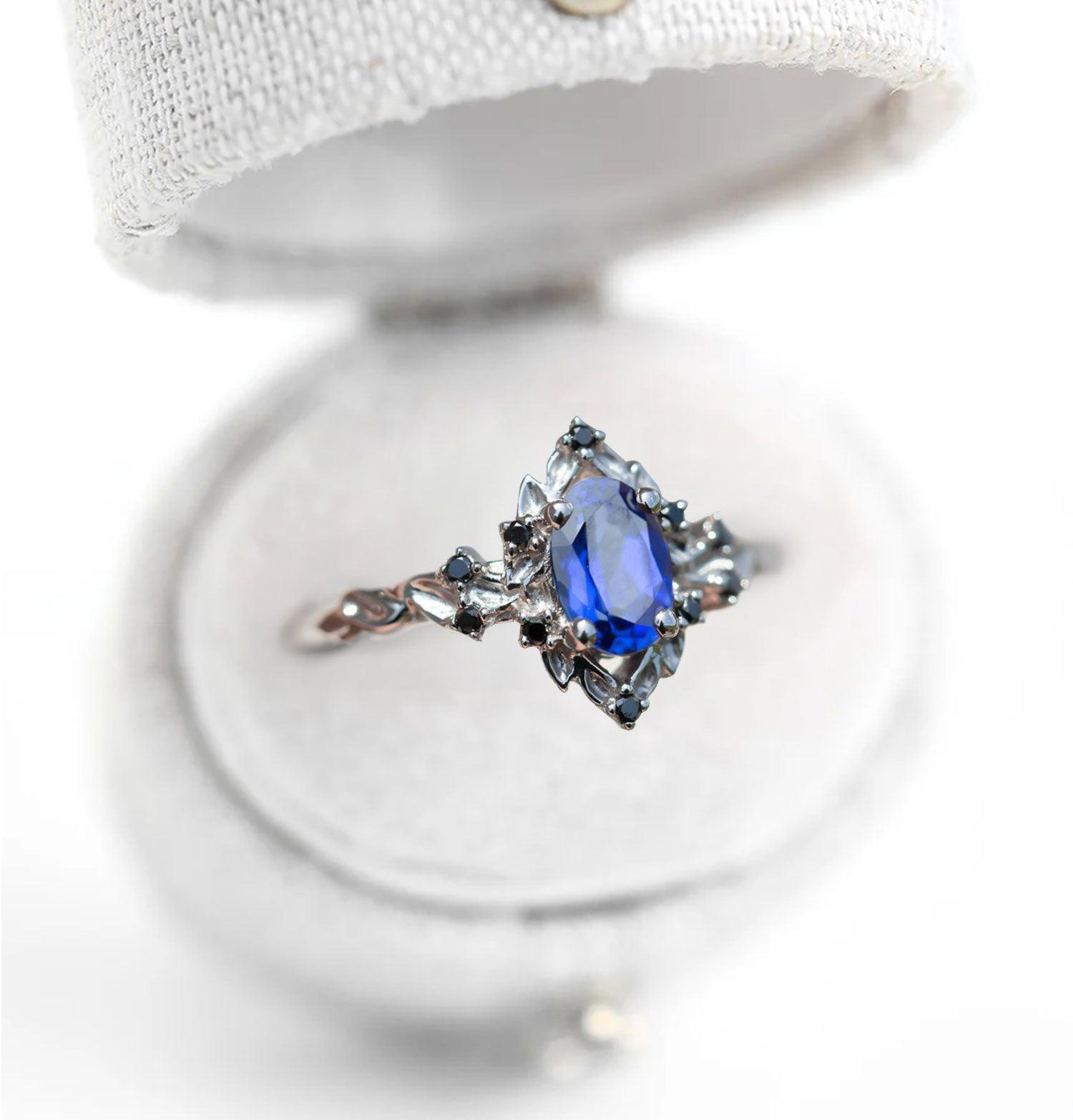 Unique Briar Rose Oval Lab Sapphire and Black Moissanite Ring - Oore Jewelry