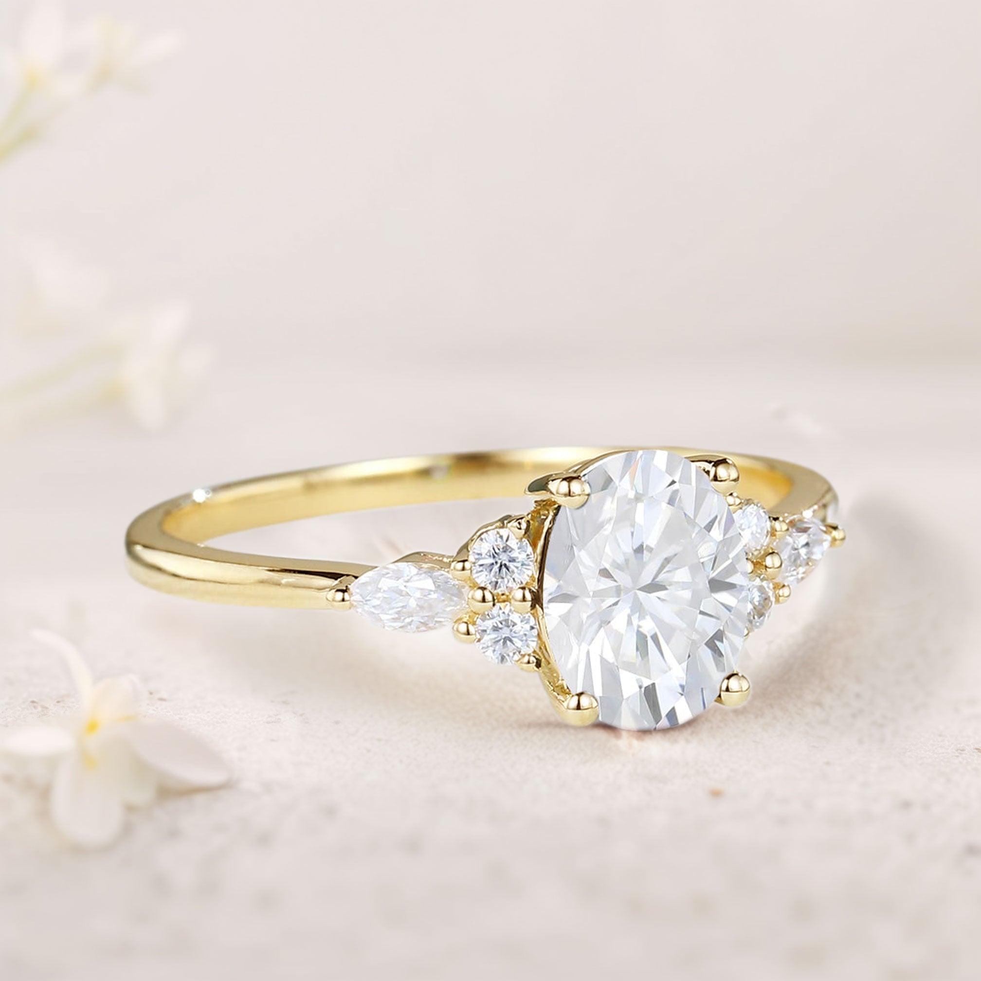 Vintage Oval Moissanite Engagement Ring Cluster Wedding Ring - Oore Jewelry