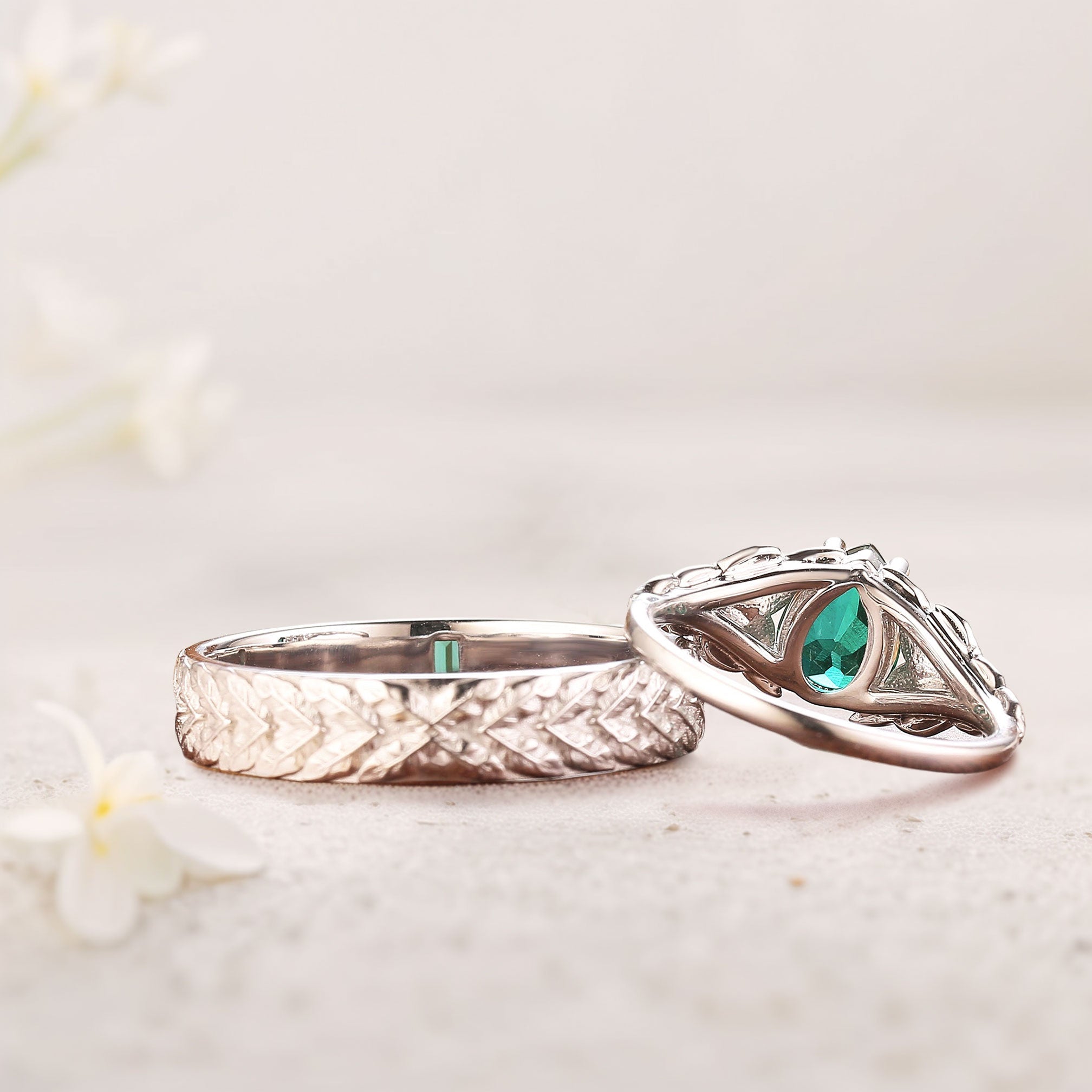 Unique Pear Lab Emerald His and Hers Matching Wedding Ring Set - Oore Jewelry