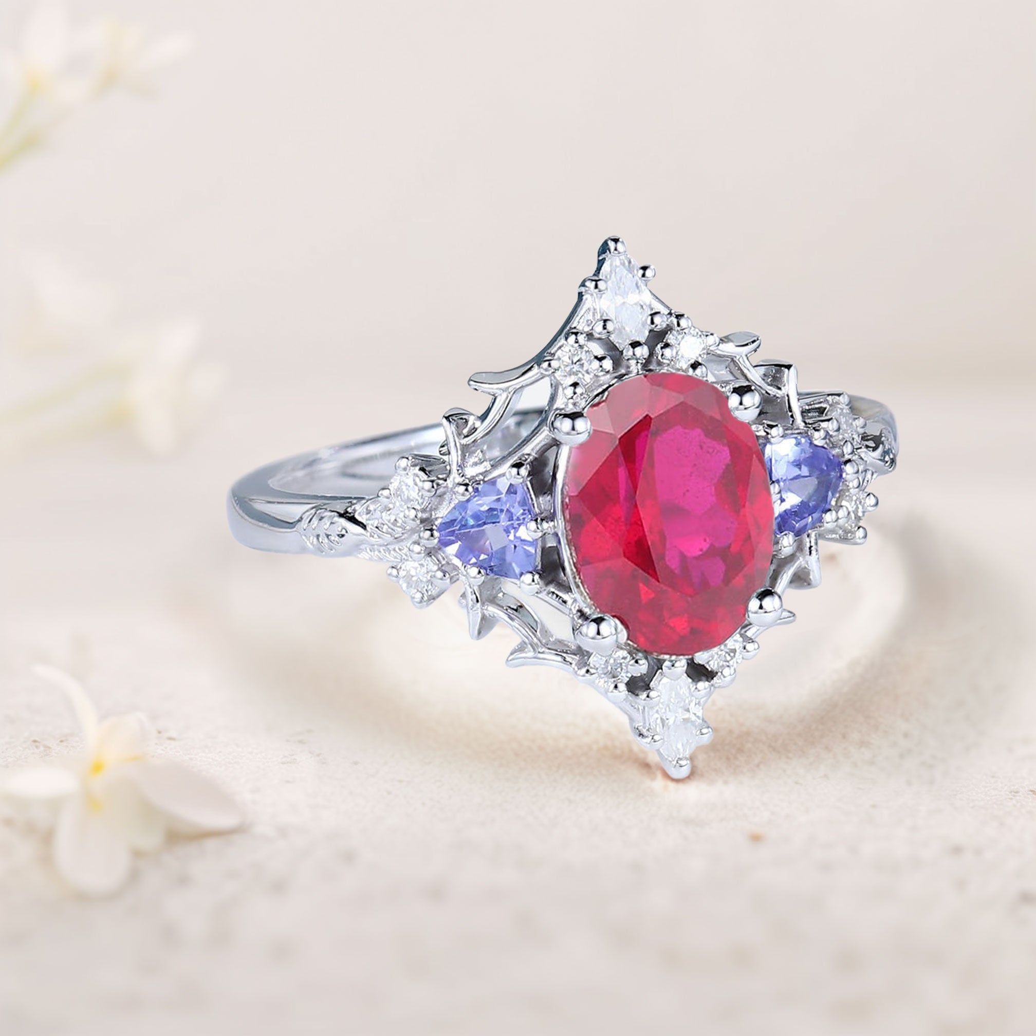 Vintage Briar Rose Oval Lab Ruby Engagement Ring Filigree Ring - Oore Jewelry
