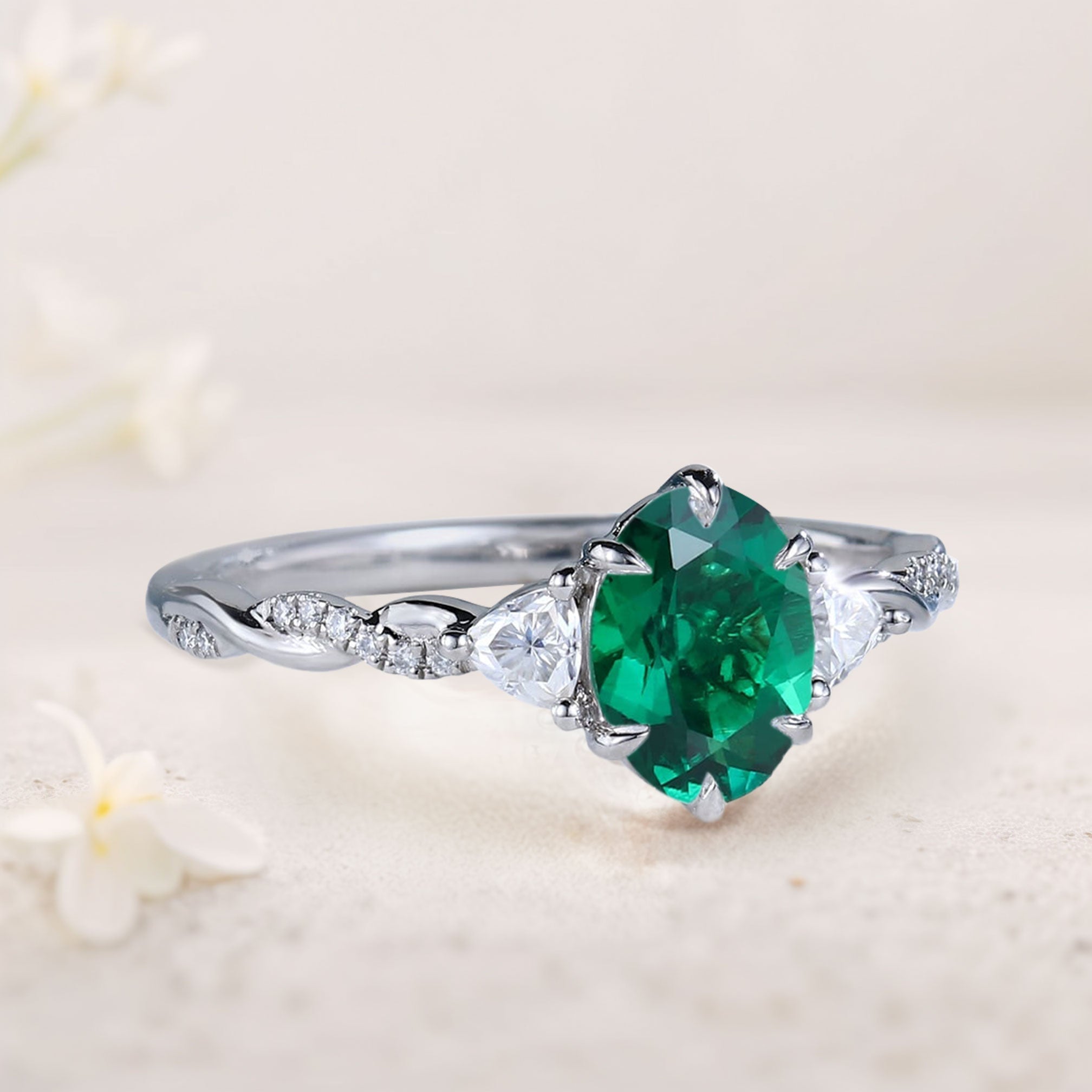 Unique Three Stone Oval Lab Emerald Ring Engagement Ring - Oore Jewelry