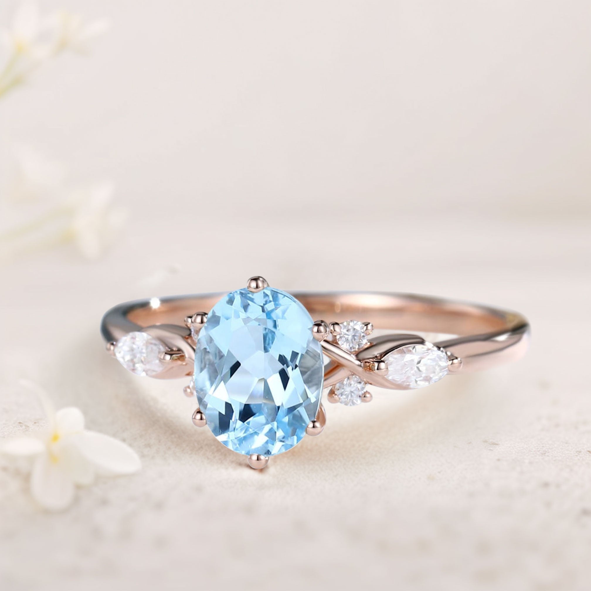 Vintage Oval Lab Aquamarine and Moissanite Split Shank Engagement Ring - Oore Jewelry