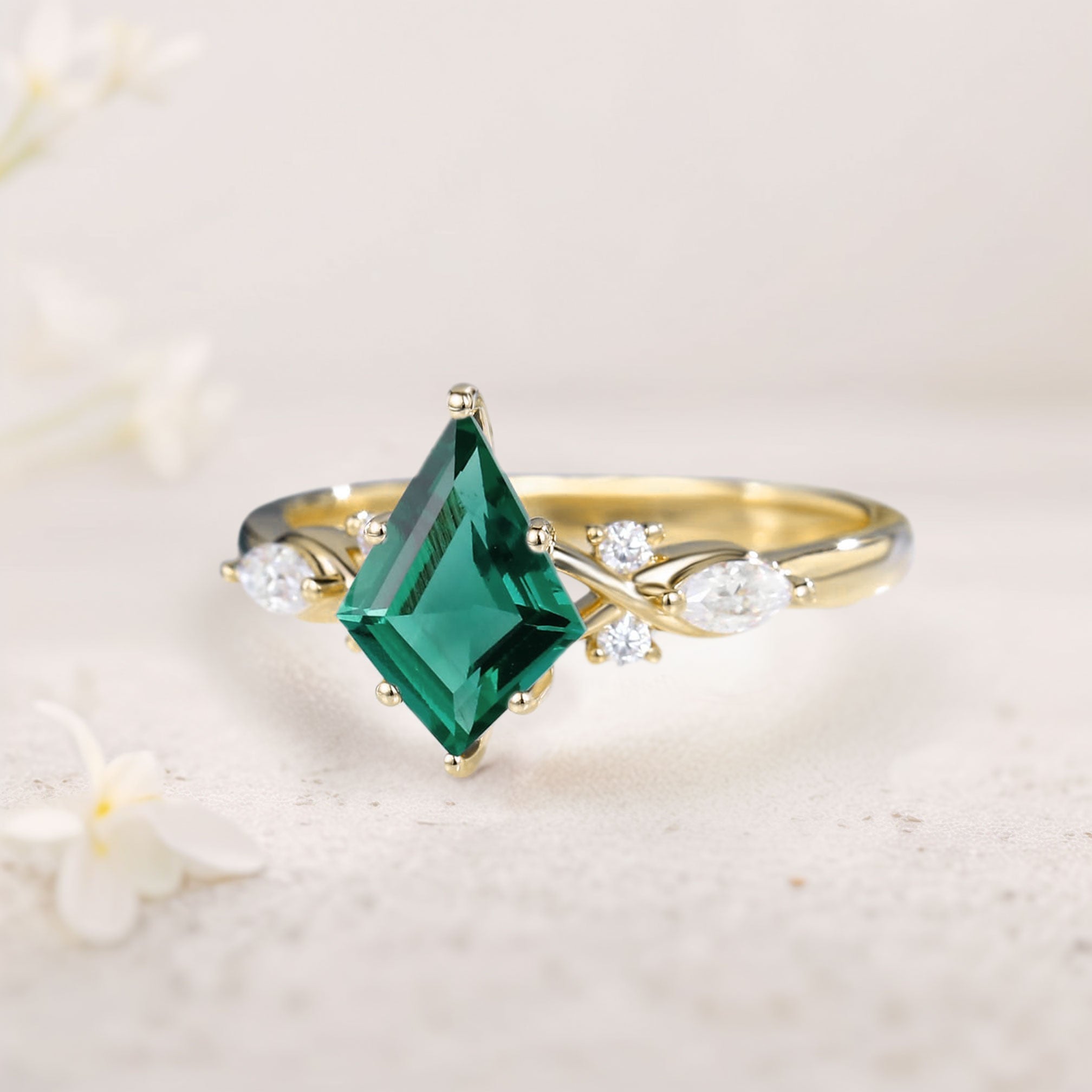 Unique Kite Lab Emerald Engagement Ring Art Deco Promise Ring - Oore Jewelry
