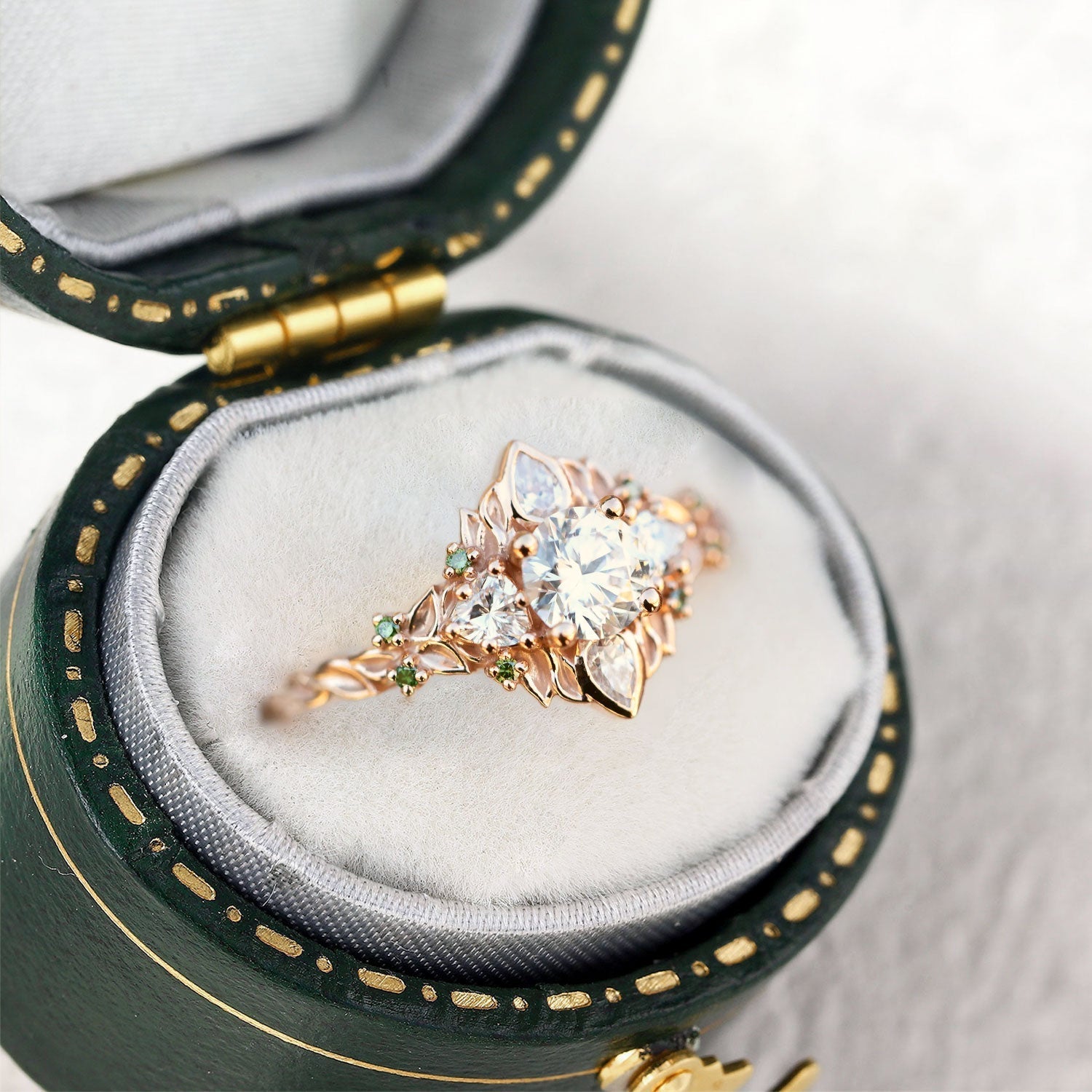 Enchanted Briar Cluster Round Moissanite and Green Sapphire Engagement Ring - Oore Jewelry