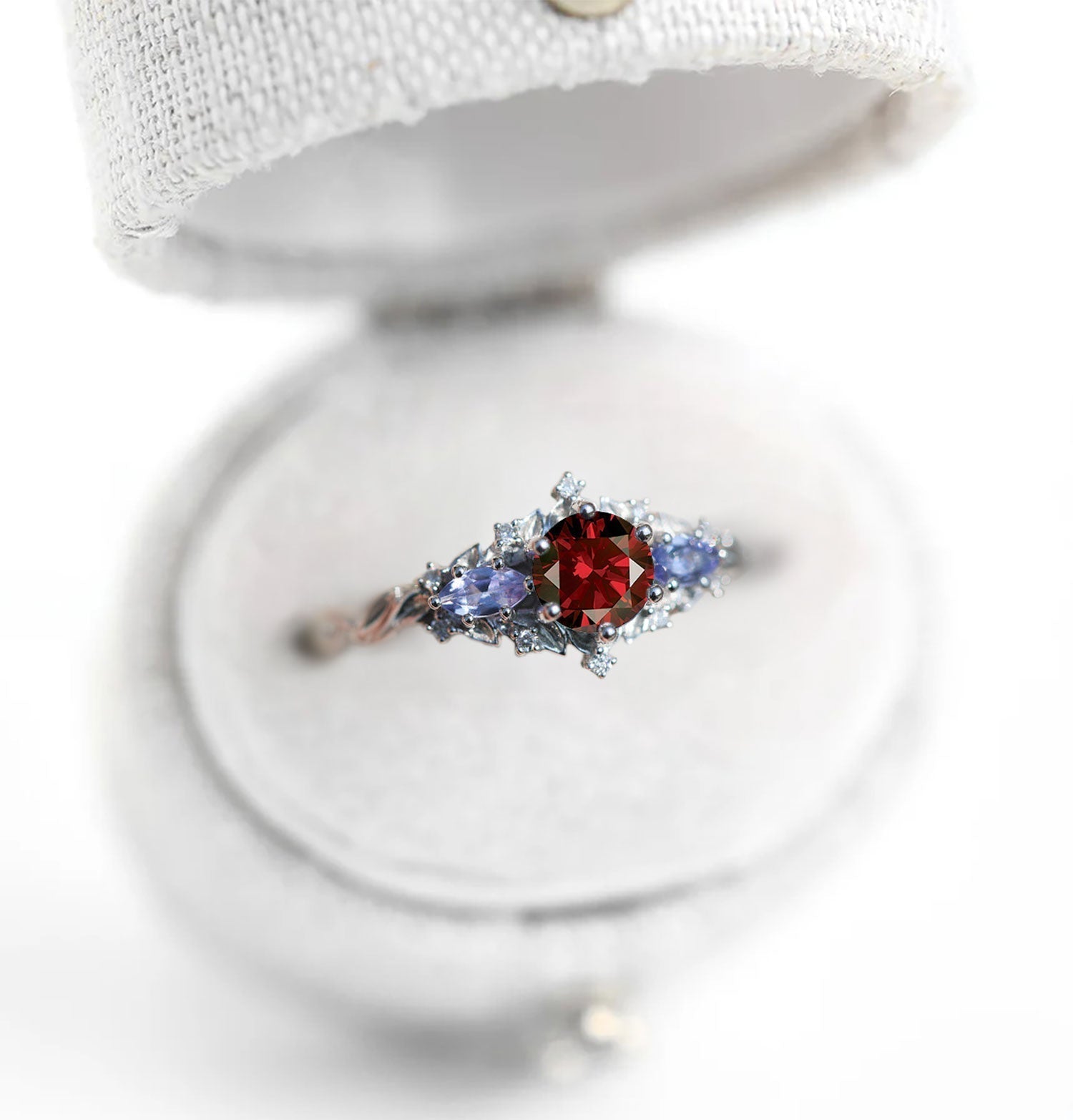 Unique Briar Rose Three Stone Round Garnet and Lab Tanzanite Anniversary Ring - Oore Jewelry
